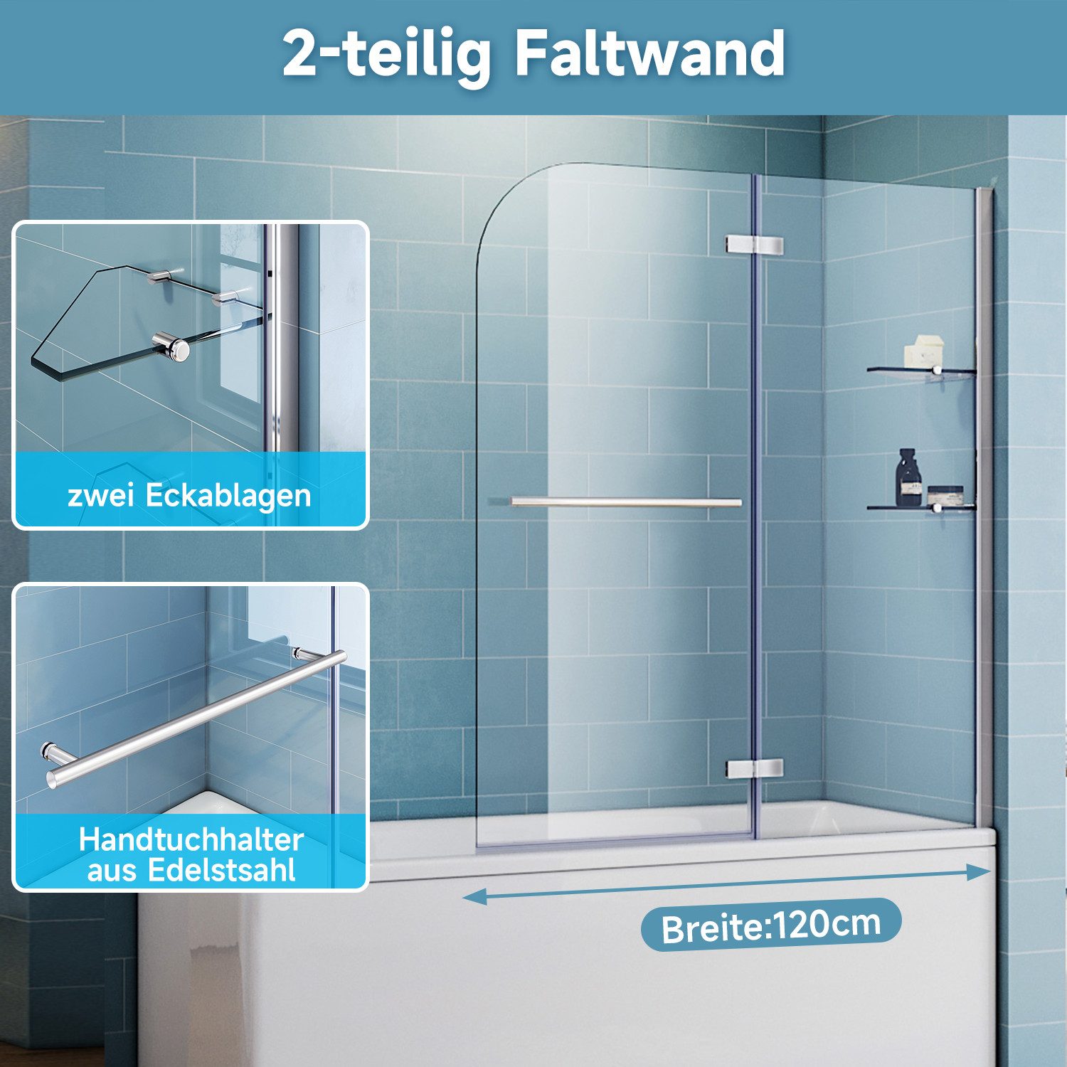 SONNI Badewannenaufsatz Duschtrennwand für Badewanne, 120x140 cm, für Badezimmer, Einscheibensicherheitsglas mit Nano Beschichtung, ESG mit Nano Beschichtung