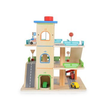 Moni Spiel-Parkgarage Kinderspielzeug Holz-Parkhaus, drei Etagen 25-tlg. 4 Autos 3 Etagen Schranke
