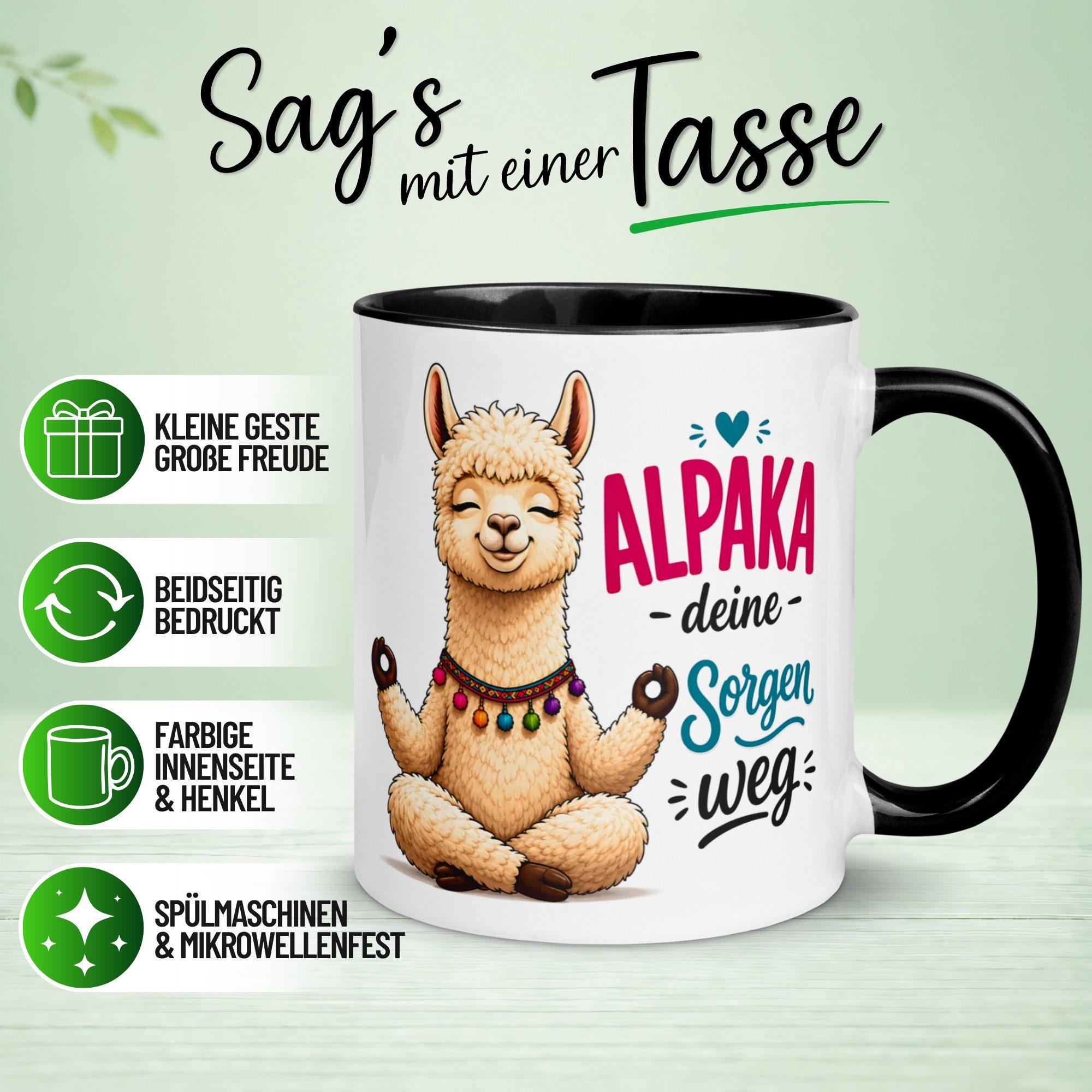 Momentals Tasse Alpaka – „Alpaka deine Sorgen weg“ – Relax Anti Stress Meditation, Gratis Versand · Links-&Rechtshänder · Spülmaschinenfest