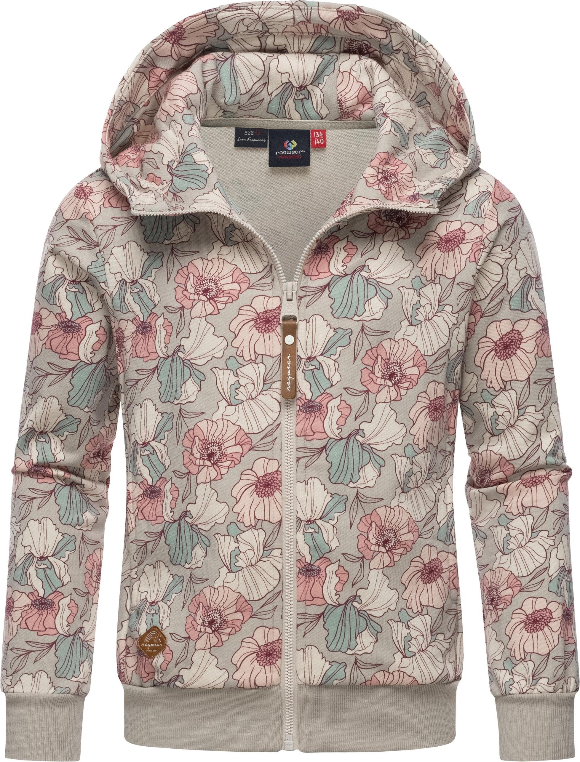 Ragwear Kapuzensweatjacke Agneska Freesia Stylische Mädchen Zip-Jacke mit Blumenmuster beige