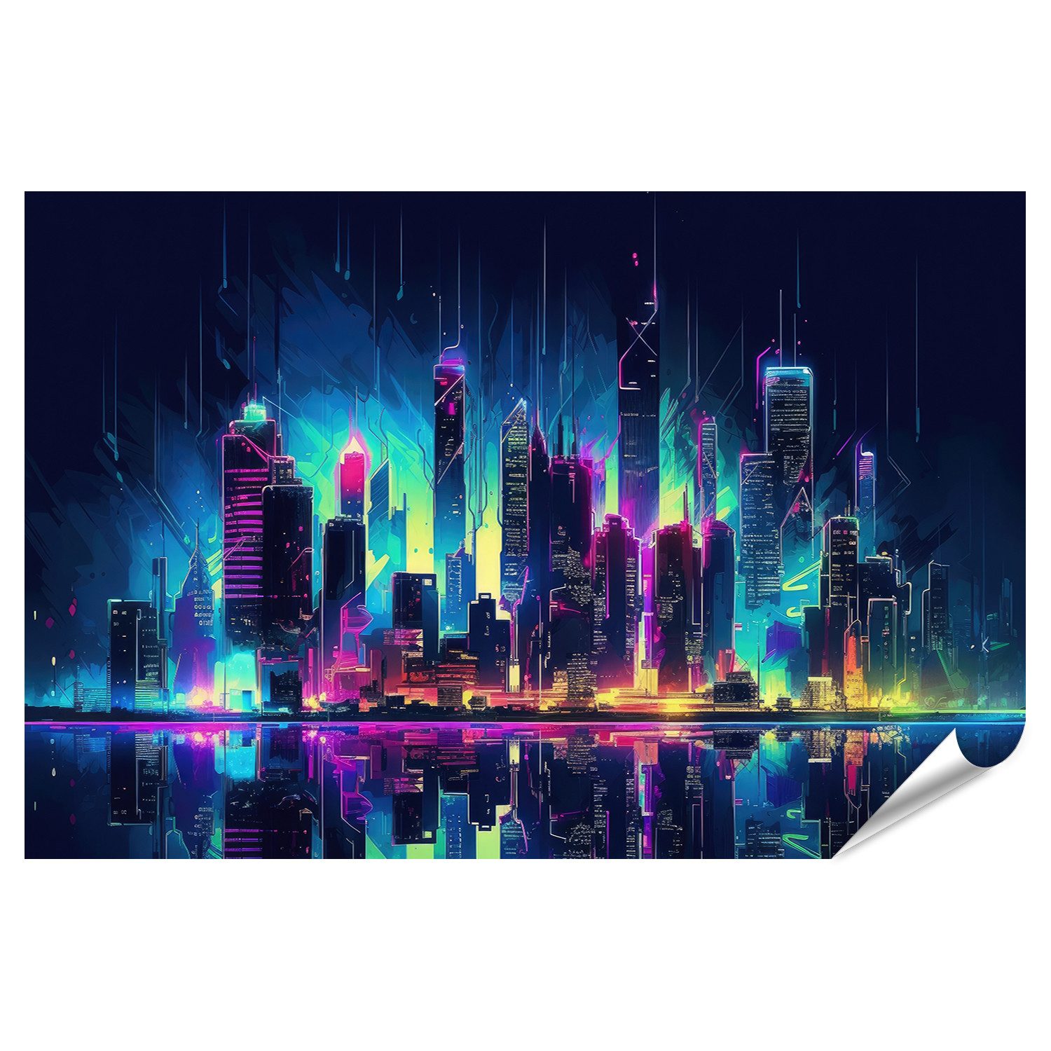 islandburner Poster Stadtsilhouette im Cyberpunk Stil Neonlichter dunkel Bilder