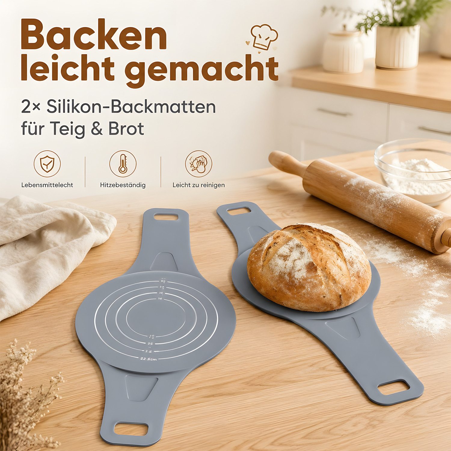 SURFOU Backmatte 2er Set Silikon Brotschlinge für Sauerteig Wiederverwendbare, (Brotbackmatte, Teighebe Zubehör für Gusseisen Bräter, Brotback Zubehör), mit Gri – Bild 2 von 5