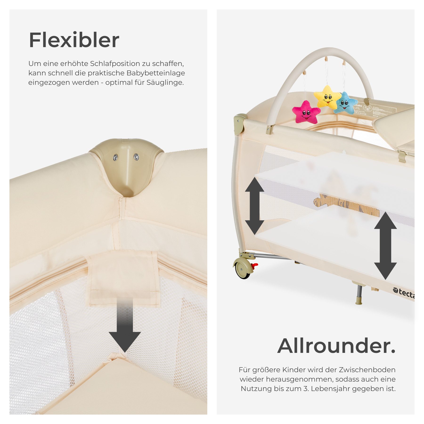 tectake Baby-Reisebett Kinderbett mit Wickelauflage und Transporttasche 132x75x104cm, mit großen Mesh-Einsätzen, Wickelauflage und Seiteneingang in beige