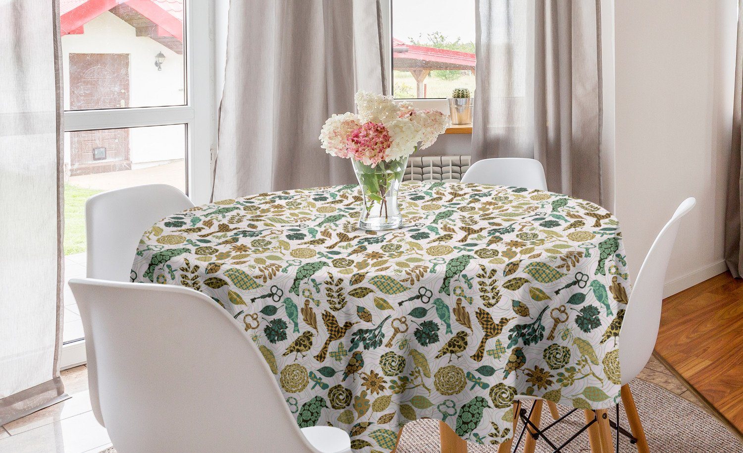 Abakuhaus Tischdecke Kreis Tischdecke Abdeckung für Esszimmer Küche Dekoration, Blätter Vögel und Libellen