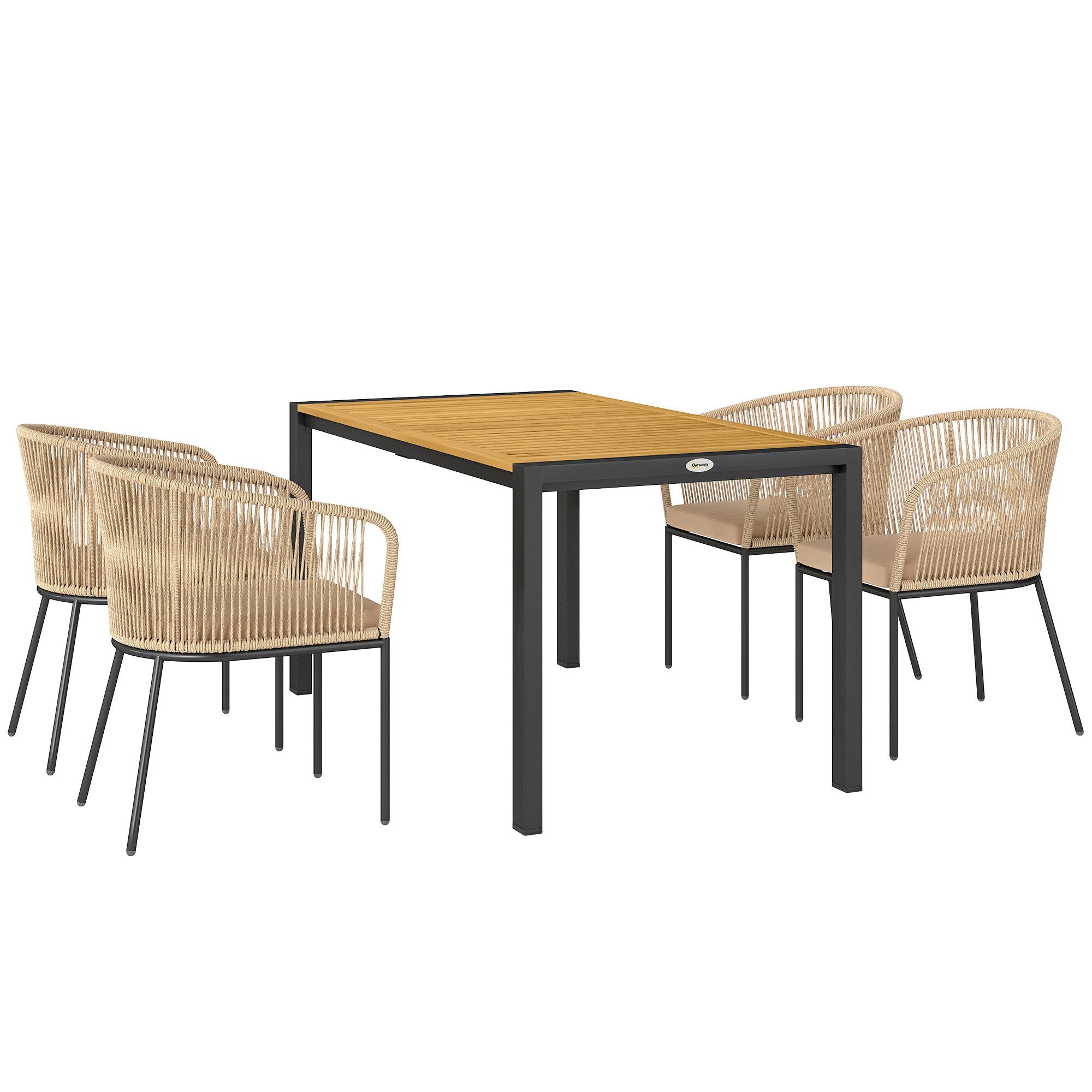 Outsunny Sitzgruppe mit Tisch, 4 Stühle, abnehmbar Sitzkissen, (wetterfest Balkonmöbel für 4 Personen, 5-tlg., 5-teiliges Polyrattan Gartenmöbel-Set), für Balkon, Garten, Naturholz+Khaki