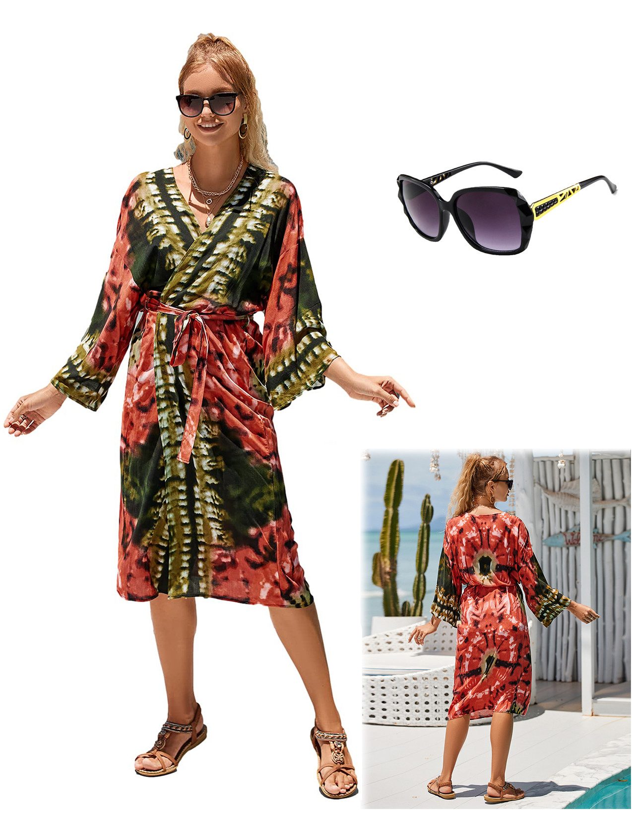 RWEUOQ Kimono Strand-Kimono mit Batikmuster Luftige günstig online kaufen