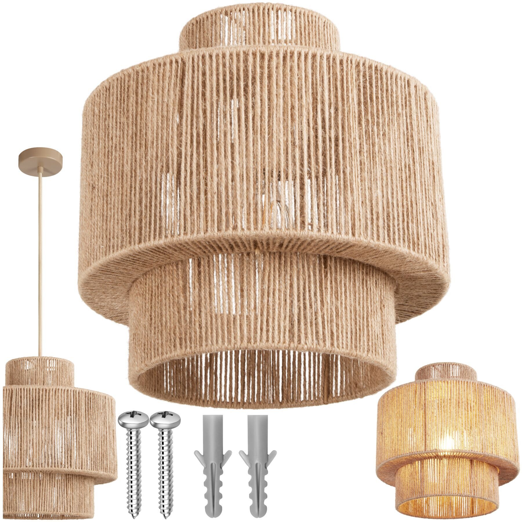 tectake Deckenleuchten Pendelleuchte im Boho-Stil aus Jutefaser, 32 x 33 cm, Wickeltechnik, 40 W, Stahlgestell, inkl. Montagematerial