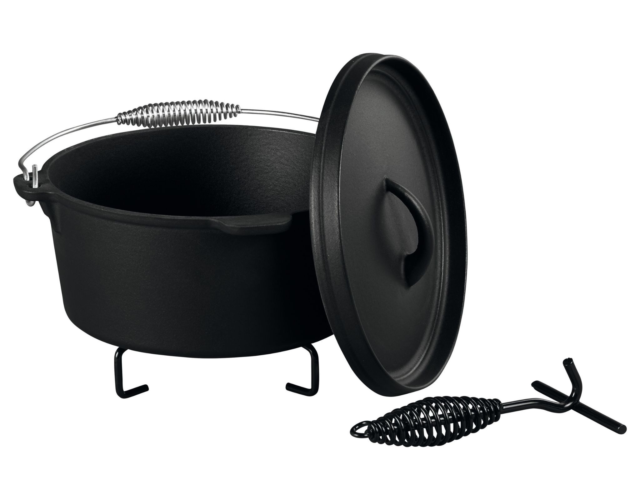 Grillmeister Feuertopf Dutch Oven Gusseisen Topf 4.2L 4-teilig Grill Feuer Deckelheber