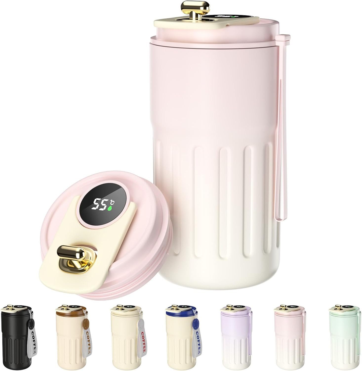 EXTSUD Thermobecher 410ml 316 Edelstahl Kaffeebecher, Digitalanzeige Thermobecher, Rosa, 316-Edelstahl und Keramik, Travel Coffee Mug, Isolierter auslaufsicher Termokaffeebecher
