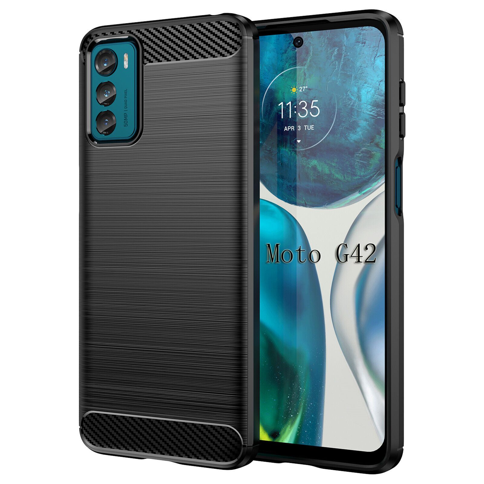 betterfon Handyhülle Carbon Hülle für Motorola Moto G42 Backcover TPU Silikon Schwarz, Carbon-Look – stoßfestes Case mit Air-Cushion & Metall-Optik
