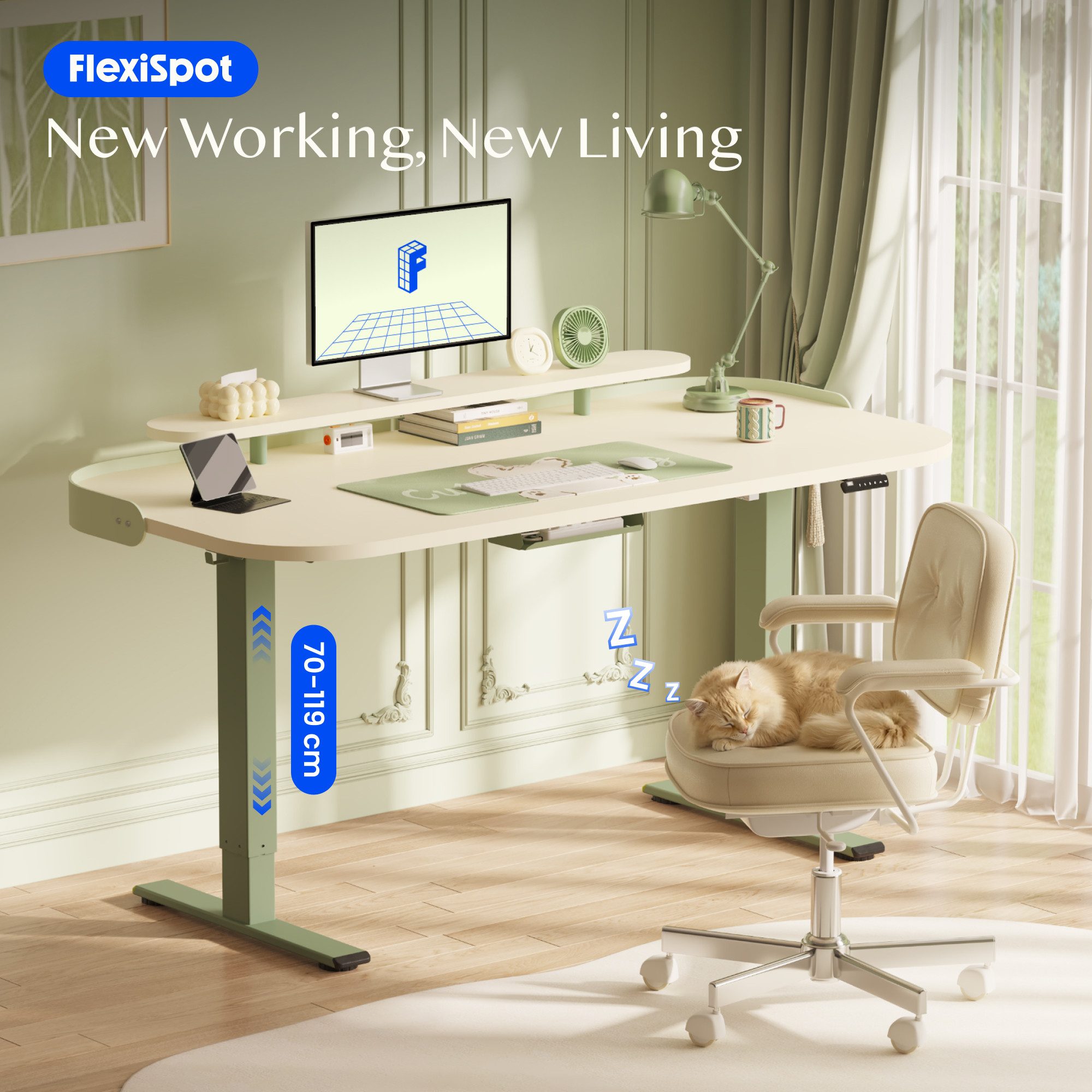 FLEXISPOT Schreibtisch Moderner elektrisch höhenverstellbarer Schreibtisch mit Monitorablage (70–119 cm höhenverstellbar, 6-Tasten Memory-Steuerung, stabiler Stahlrahmen, Tischplatte 120×80 cm), ergonomischer Homeoffice Computertisch