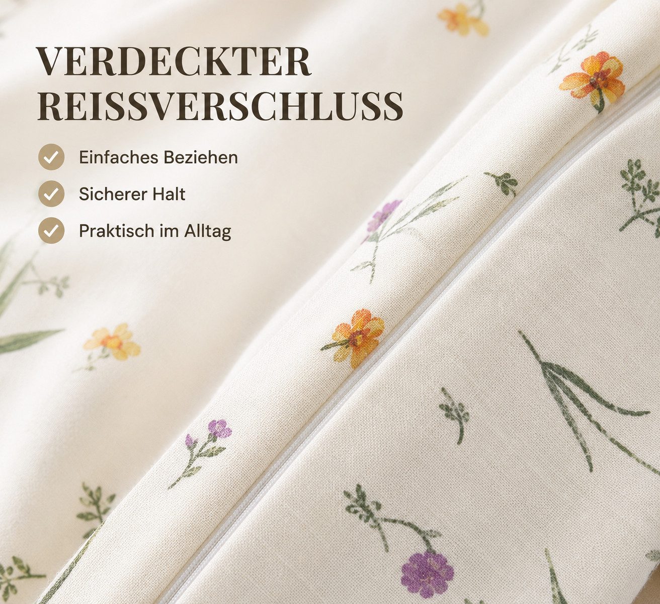 Leonado Vicenti Wendebettwäsche 155x200 Bezug 80x80 Kissen Set Hochwertige Polycotton Beige Blumen, Renforcé, 2 teilig, mit verdecktem Reißverschluss, Wendebettwäsche