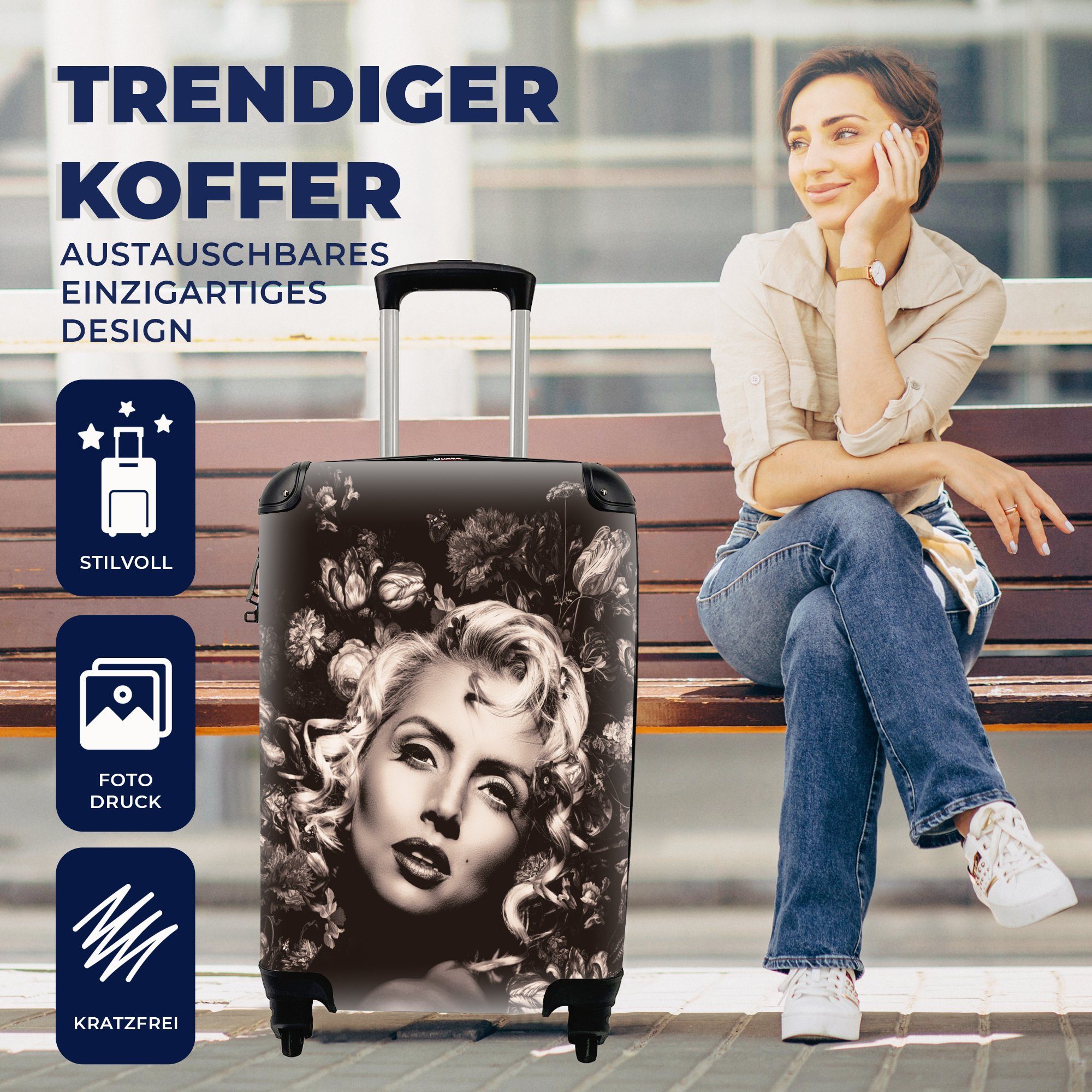 Reisetasche für 4 Handgepäckkoffer Rollen, Weiß, Frau rollen, - Ferien, Trolley, - - Blumen mit Schwarz MuchoWow Reisekoffer Handgepäck