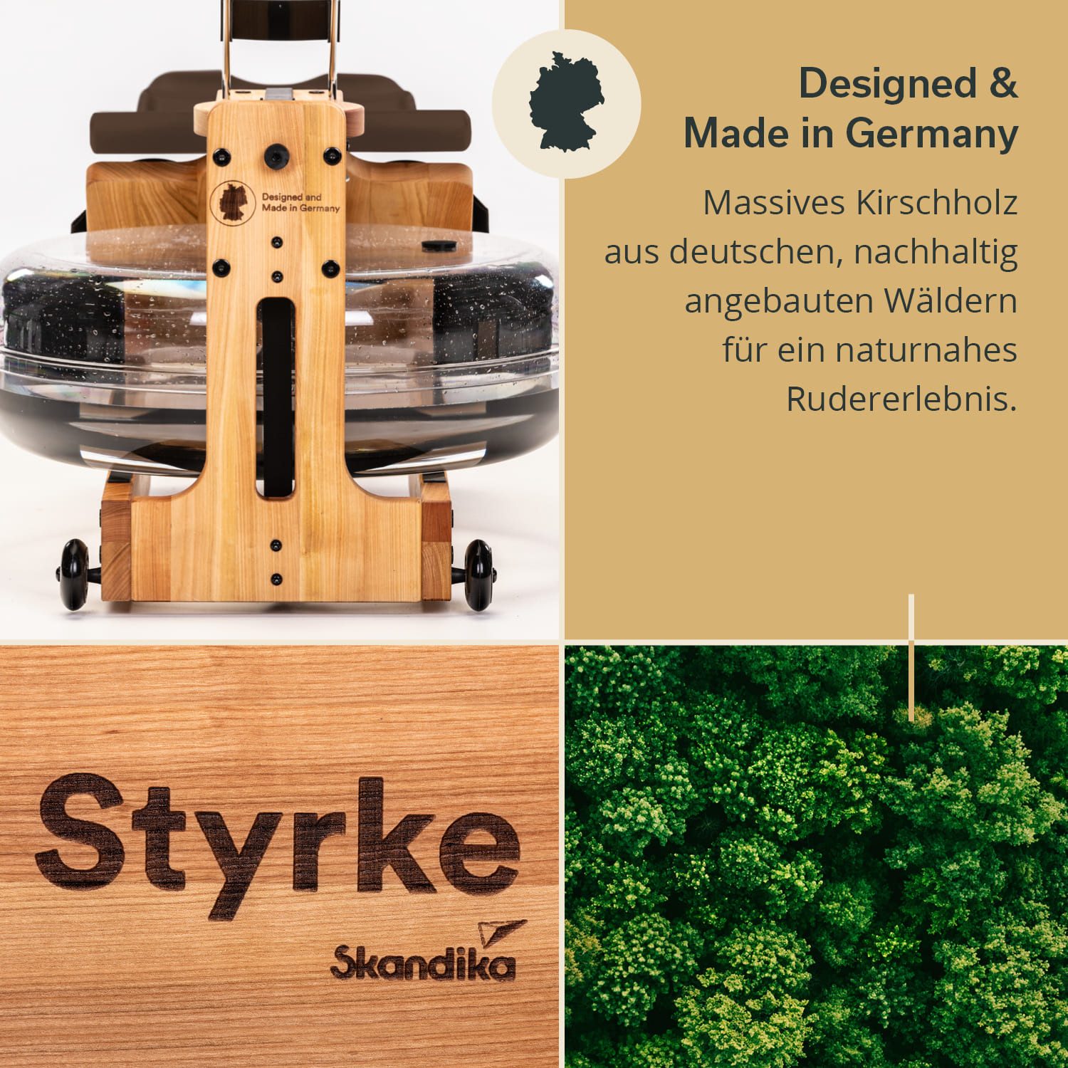 Skandika Rudergerät Styrke Premium Kirsche, Wasserrudergerät für Zuhause, bis 180 kg (Max. Benutzergröße 200 cm, Transportrollen gummiert, kugelgelagert), Made in Germany, deutsches Holz, Rudermaschine mit Kinomap & Bluetooth