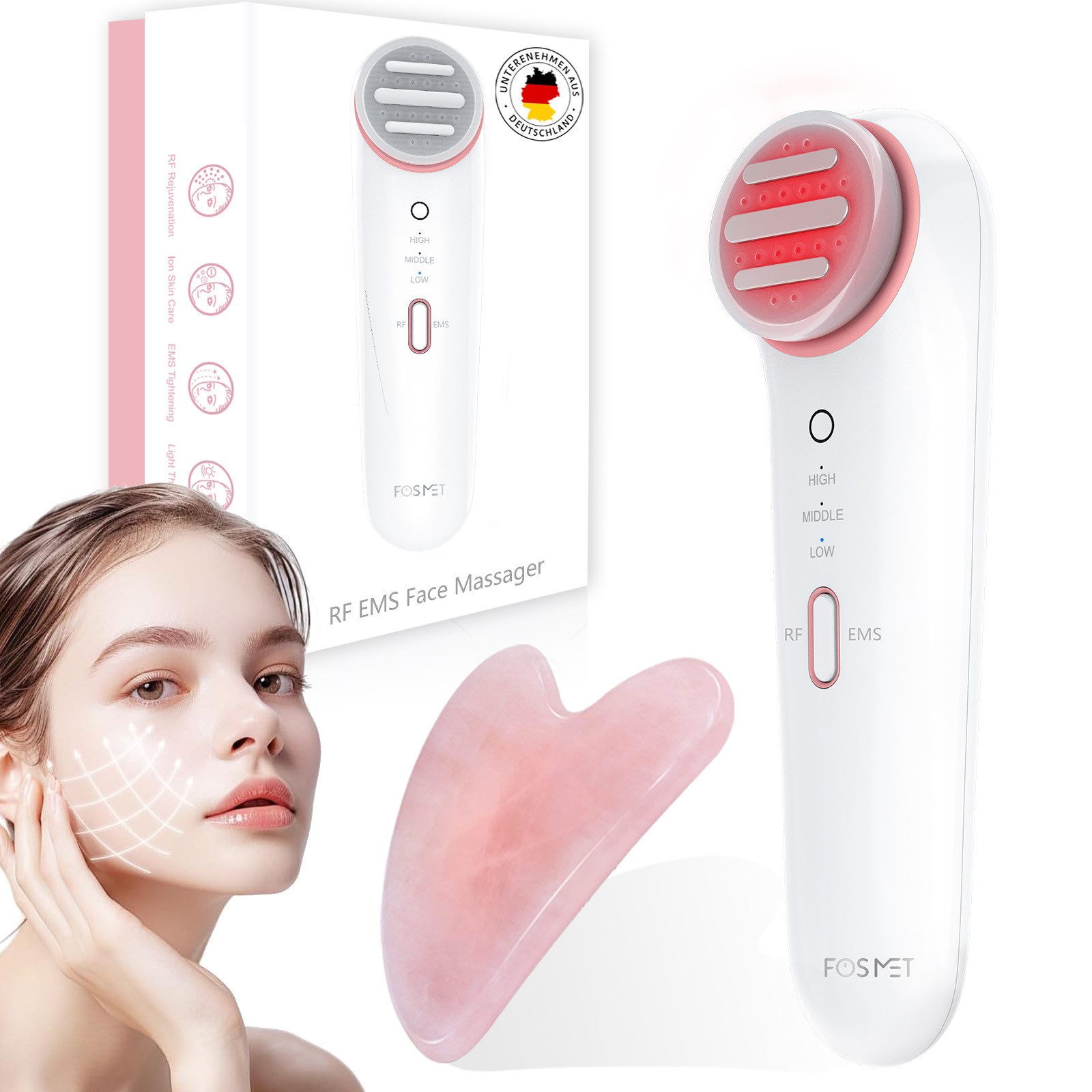 FOSMET Gesichtsmassagegerät Gesichtsmassagegerät gegen Falten – 6-in-1 Anti-Aging Gerät, Für das Gesicht- und Halsbereich, Multifunktionales Gesichtspflegegerät mit EMS, LED &RF
