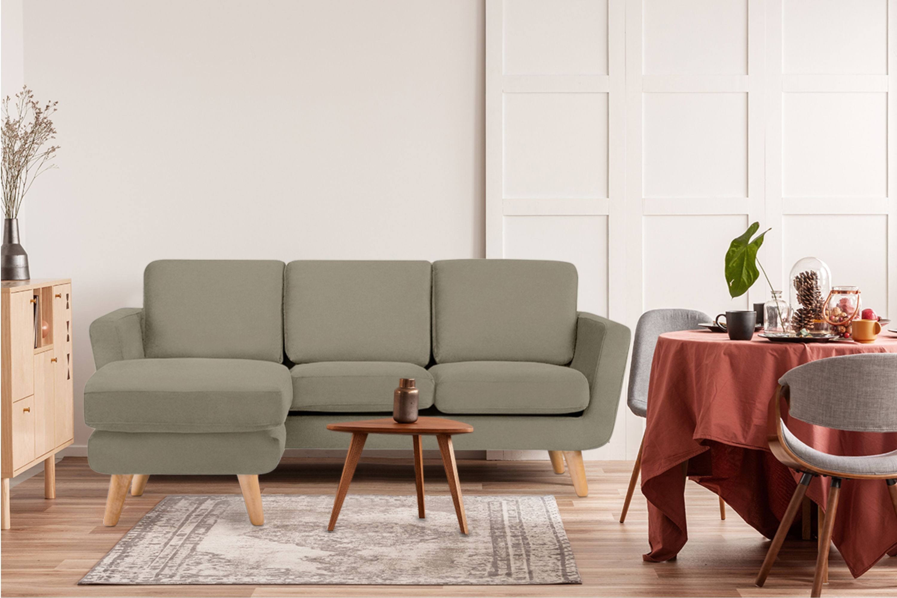 KONSIMO® Ecksofa TAGIO links, Scandi-Stil, mit Armlehnen, Made in Europe, Gestell aus Massivholz