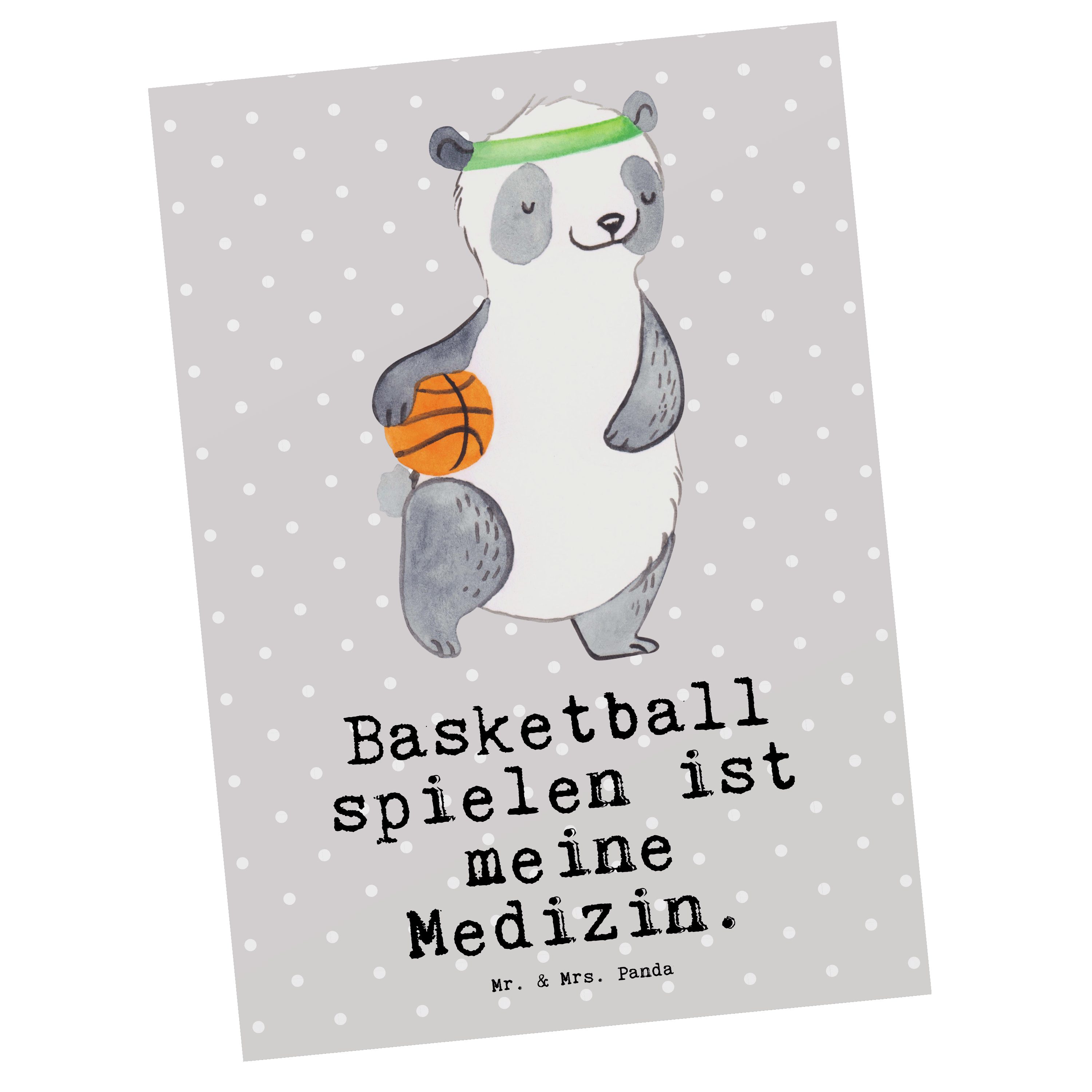Mr. & Mrs. Panda Postkarte Panda Basketball Medizin - Grau Pastell - Geschenk, Sportler, Dankesk