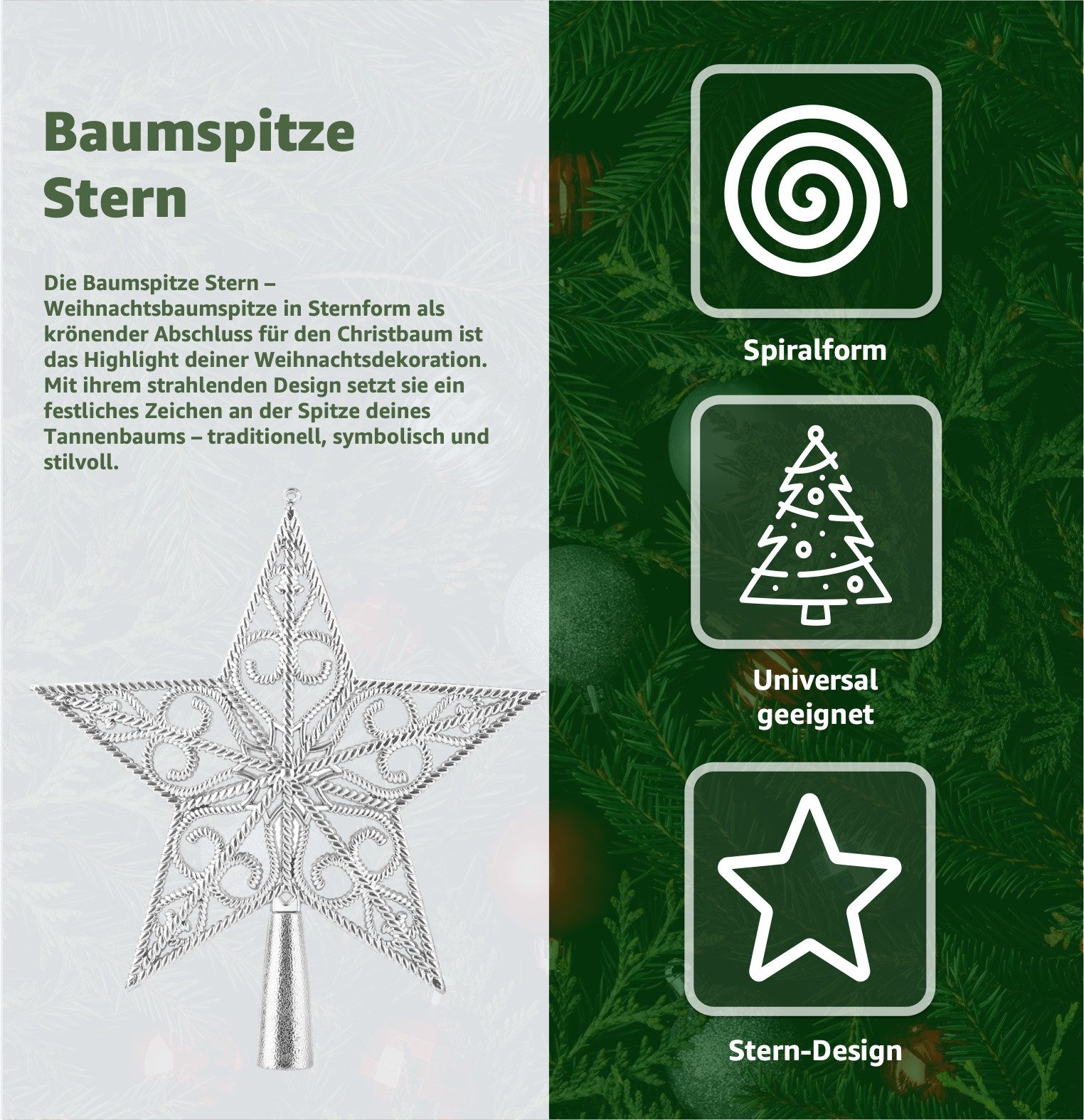 TK Gruppe Christbaumspitze Christbaumspitze für Weihnachtsbaum Baumspitze Aufsatz für Tannenbaum, wiederverwendbar