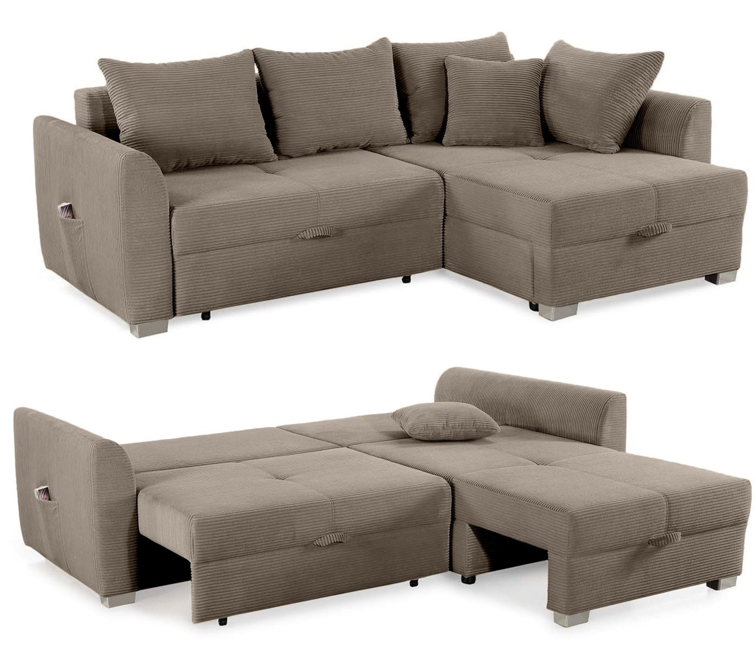 luma-home Ecksofa 15208, mit Bettkasten 236x160 cm, Bettfunktion, Ottomane links oder rechts, Cord, Braun Taupe