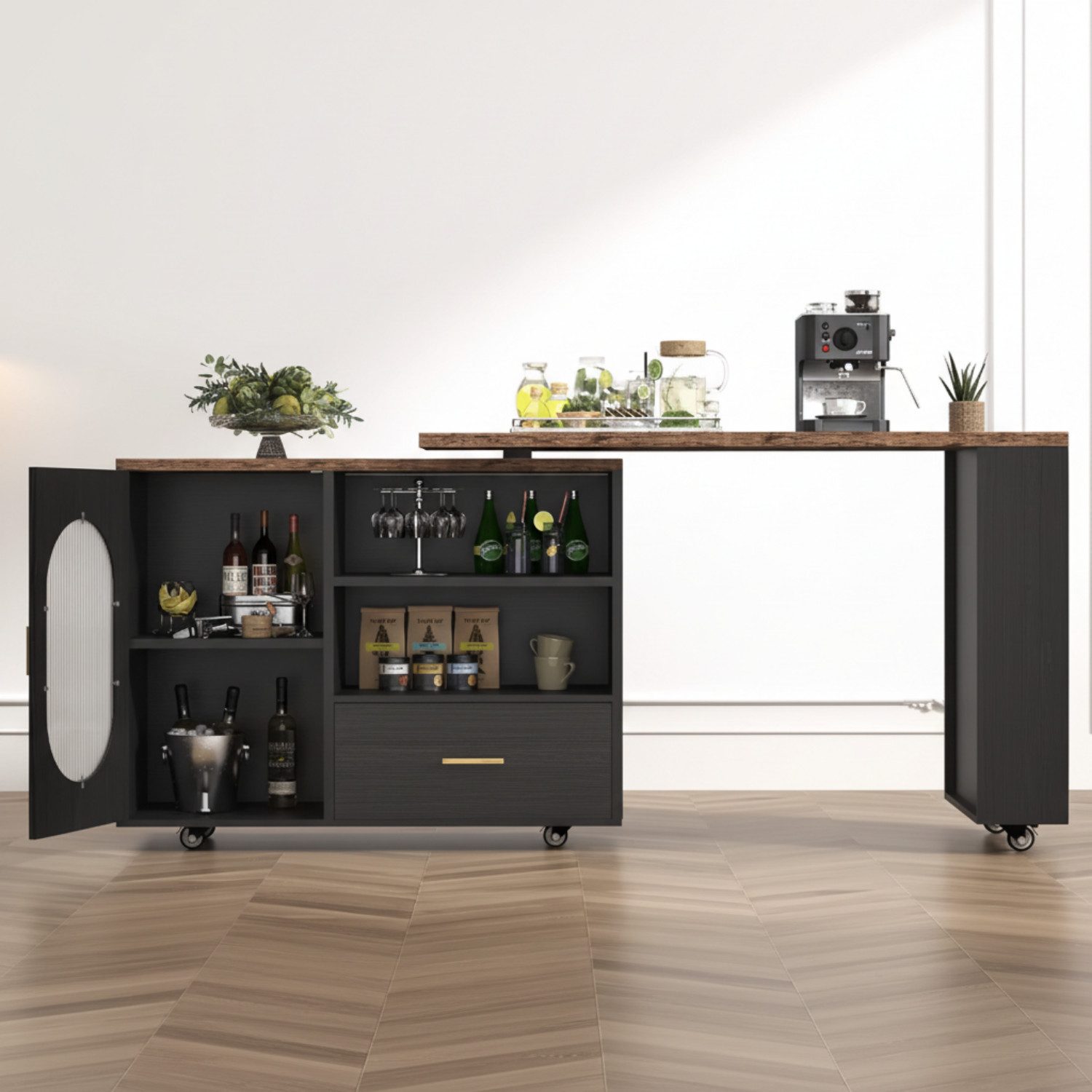 mukuhi Kücheninsel 360° drehbar mit Stauraum erweiterbar L Form, multifunktional,rollbar