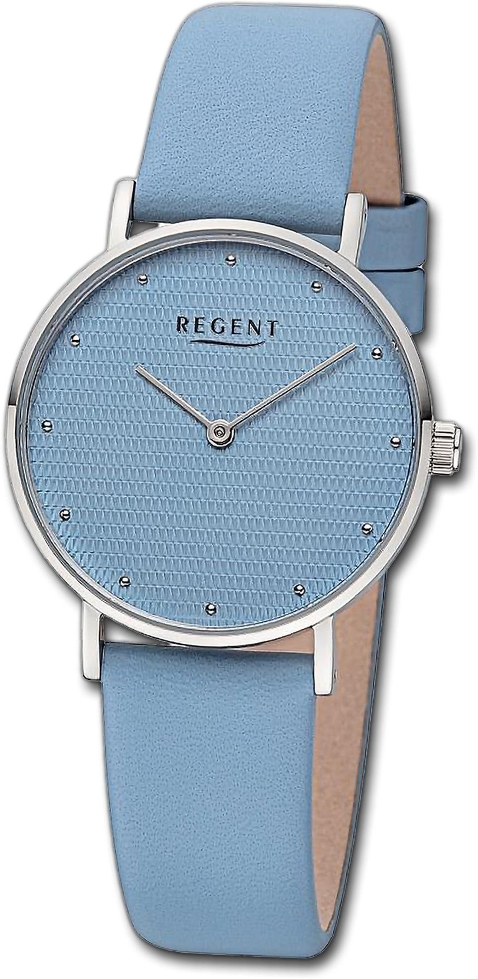 Regent Quarzuhr Regent Damen Armbanduhr Analog, Damenuhr Lederarmband blau, rundes Gehäuse, extra groß (ca. 32mm)