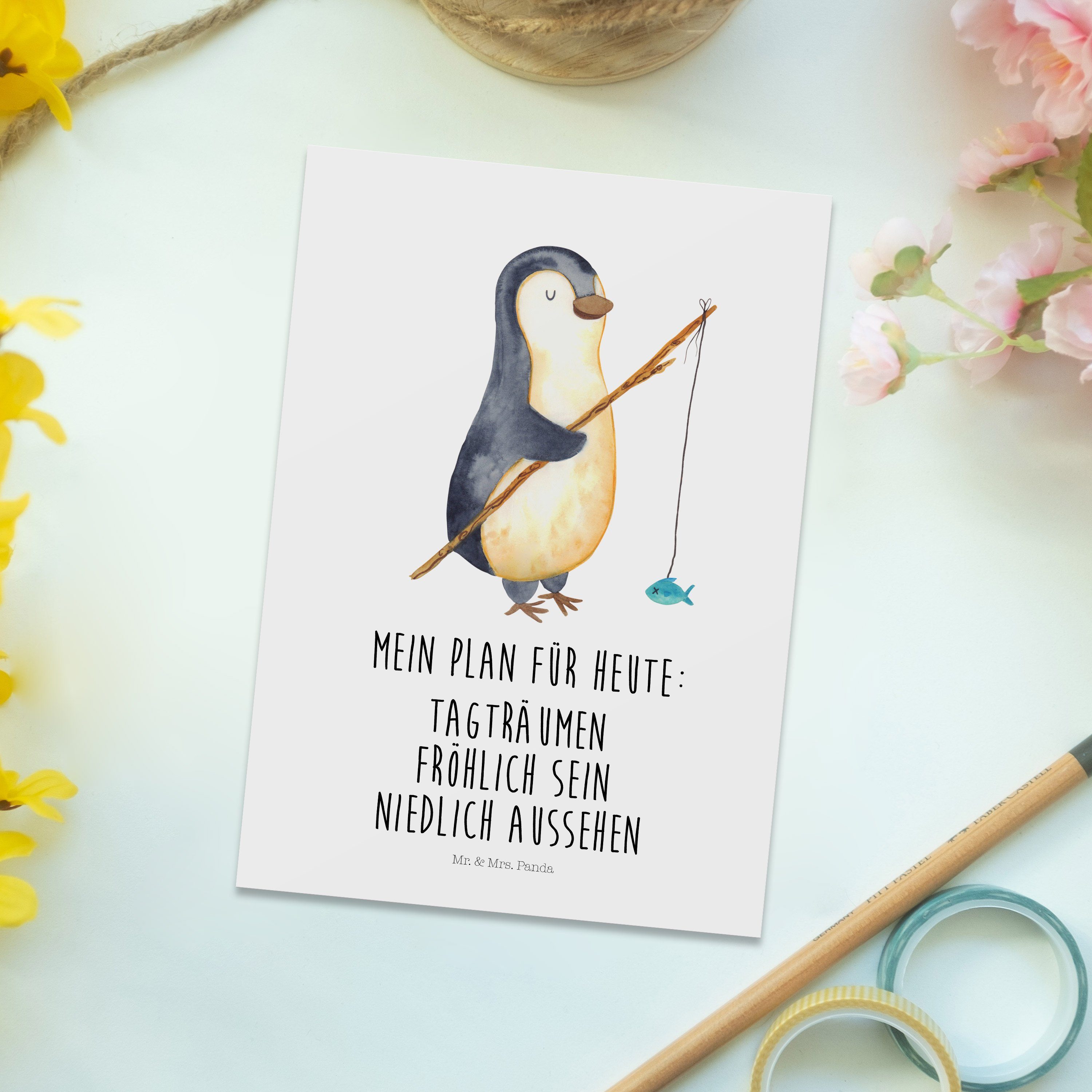 Mrs. - Fischer Panda Angler Weiß Postkarte Geschenk, & Geschenkkarte, Angelurlaub, Pinguin Mr. -