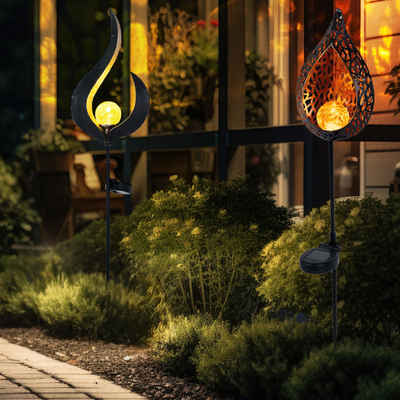 Globo LED Solarleuchte, LED-Leuchtmittel fest verbaut, Solarlampe Außenleuchte Gartendeko LED Flammen Design Erdspieß 2er Set