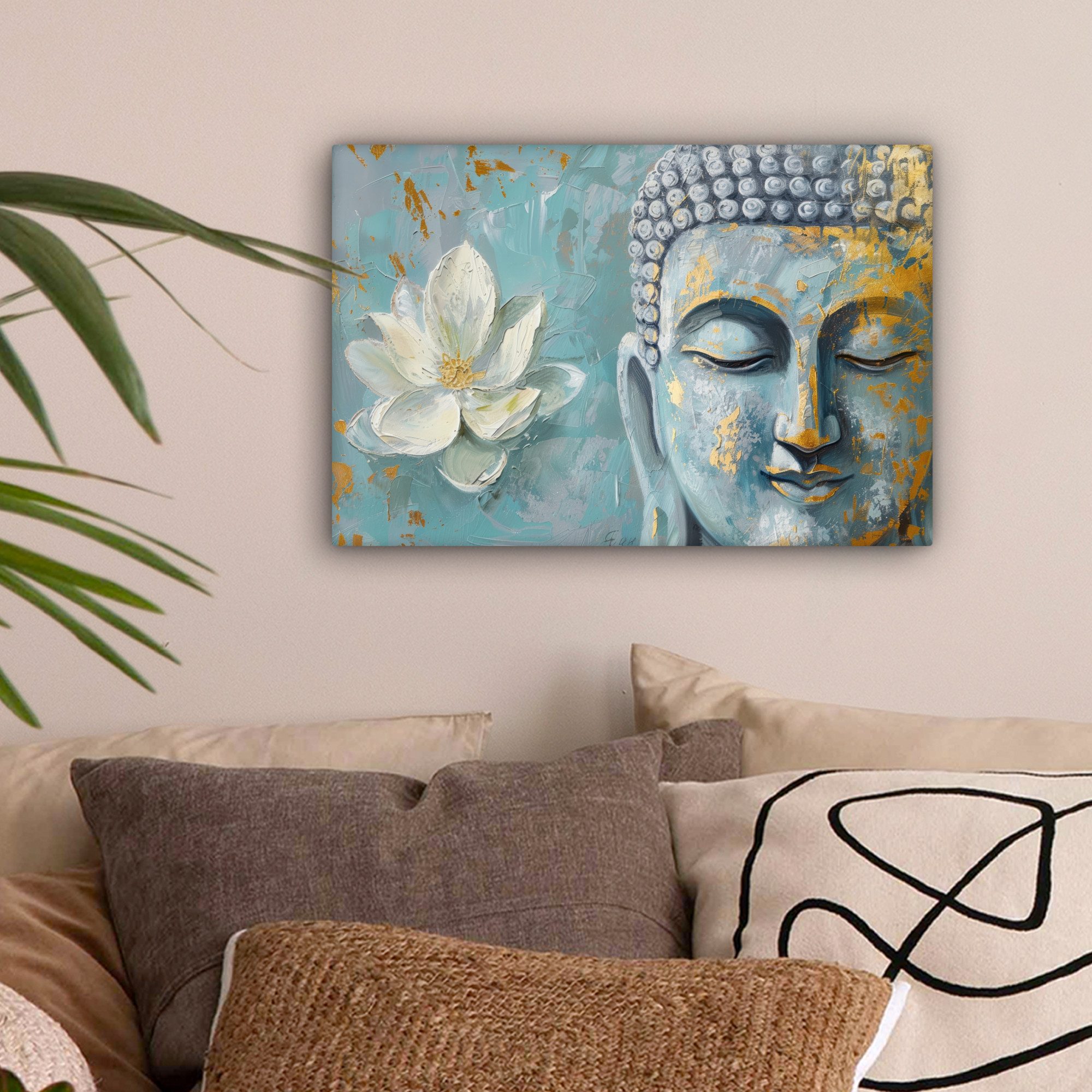 OneMillionCanvasses® Leinwandbild Buddha - Blume - Lotus - Gold - Blau, Fot günstig online kaufen
