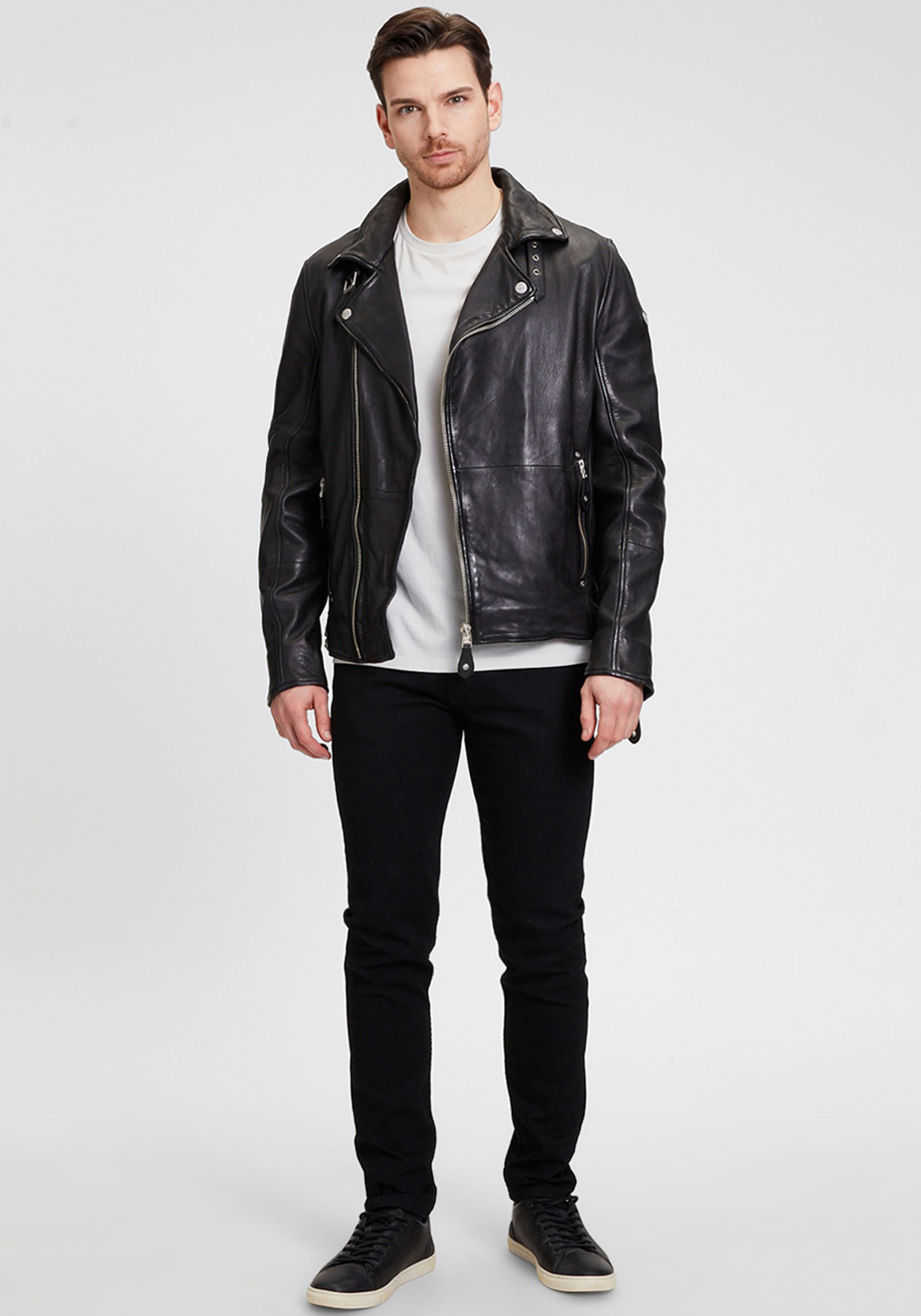 Mauritius Lederjacke Mavric SF NSLV im Biker-Style, asymetrischer Reißverschluss, Nieten