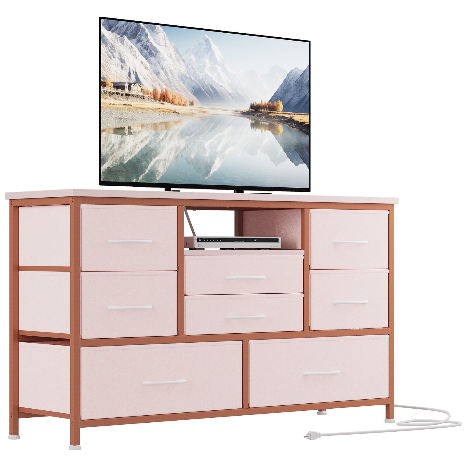 GarveeMore TV-Schrank Breites Sideboard Mehrzweckschrank Kommode mit 8 tiefen Schubladen Media-Board Stauraumschrank mit Steckdose, USB-Anschluss und RGB-LED