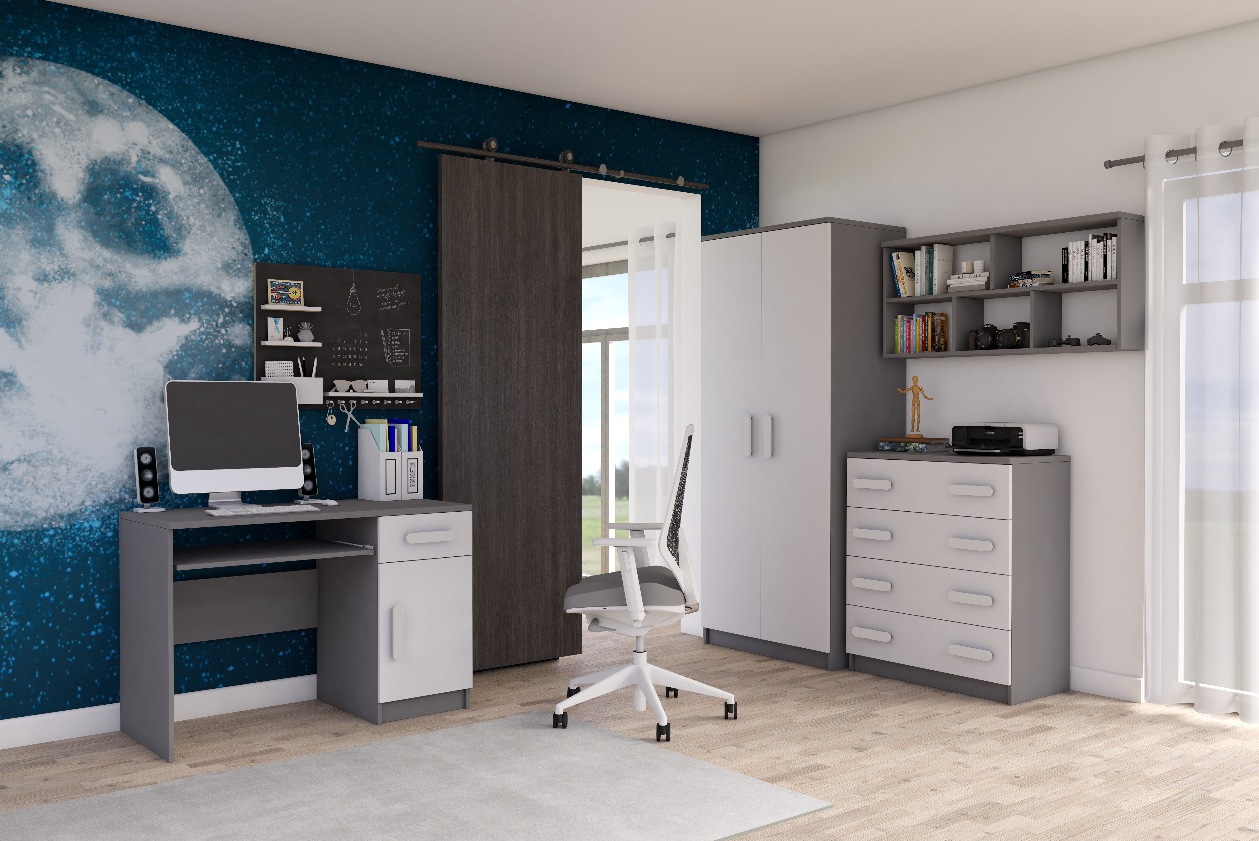 möbel-direkt.de Jugendzimmer-Set Elora in Grau und Weiß, (Spar-Set, 4-tlg., Griffarben Rosa, Blau, Limette, Rot, Erika, Eiche, Grau, Weiß), 8 wählbare Grifffarben
