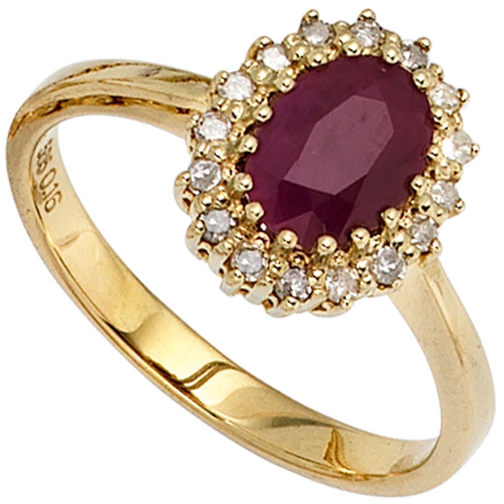 Schmuck Krone Diamantring Ring mit Rubin rot 16 Brillanten 585 Gelbgold, Gold 585