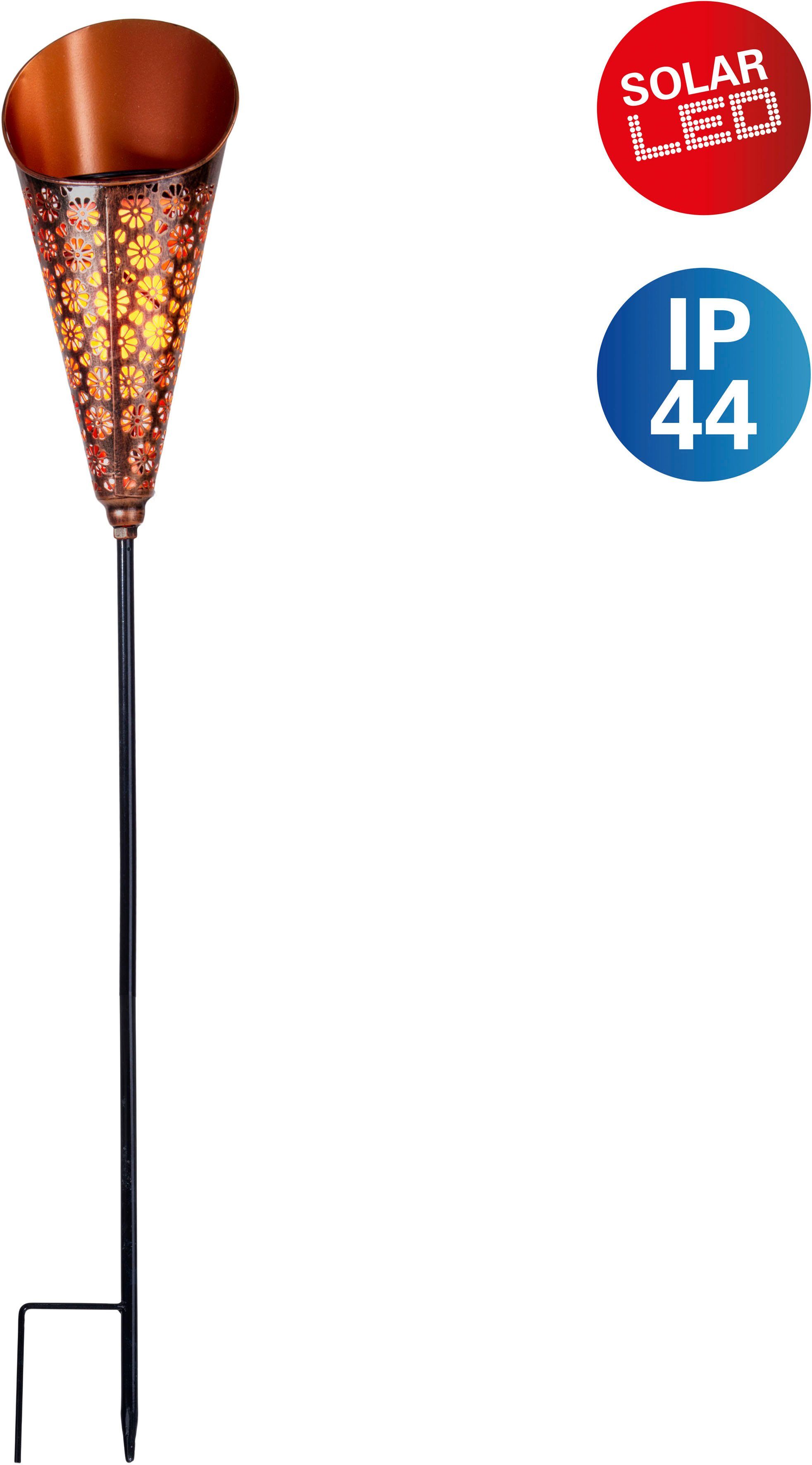 integriert, Trichterform, LED Warmweiß, Torch, kupferfarben, LED Blumenornamente, H:96cm Solarleuchte Flammeneffekt, fest näve