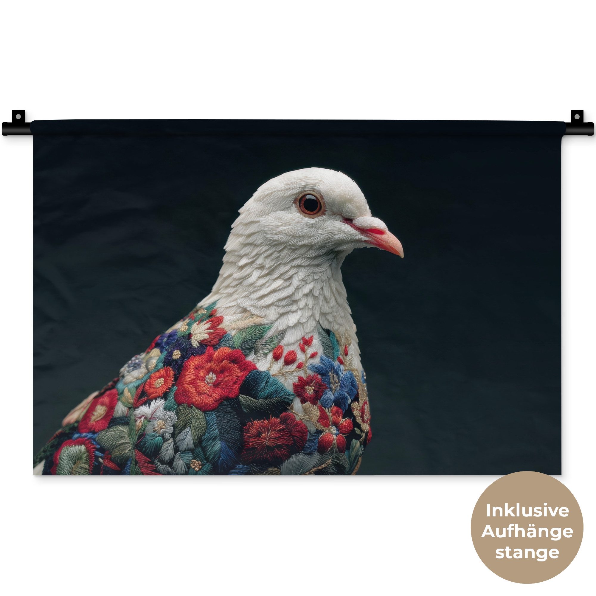 MuchoWow Wandteppich Taube - Blumen - Weiß - Schwarz, Rechteckig, Höhe: 3 mm, Wandteppich für Wohnzimmer, Schlafzimmer, 60x40 cm