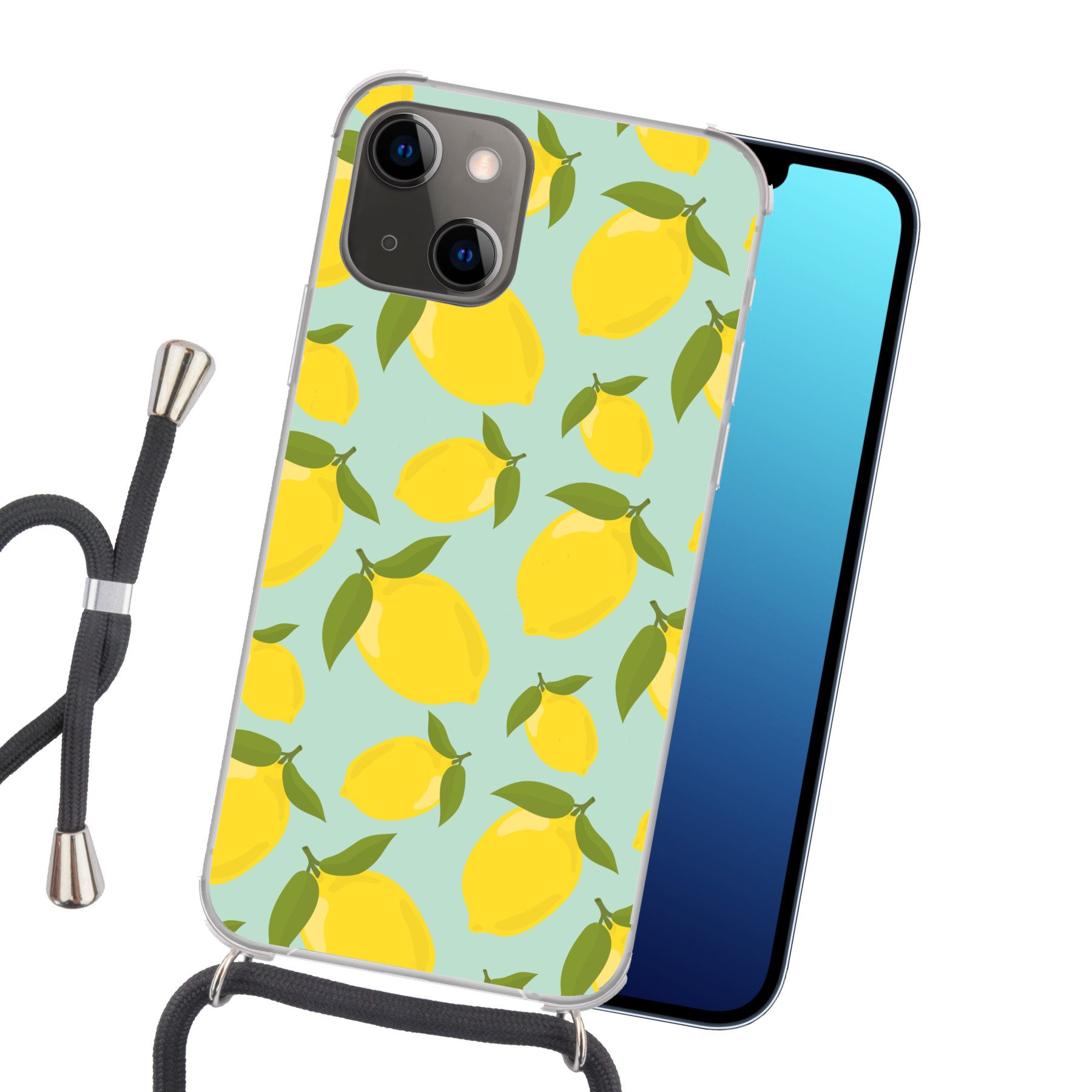 MuchoWow Handyhülle für Apple iPhone 13 Mini Muster Zitronen - Gelb - Blau - Muster - Früc, Tragbare Handyhüllen mit Kette zum umhängen, Handykette Handyband