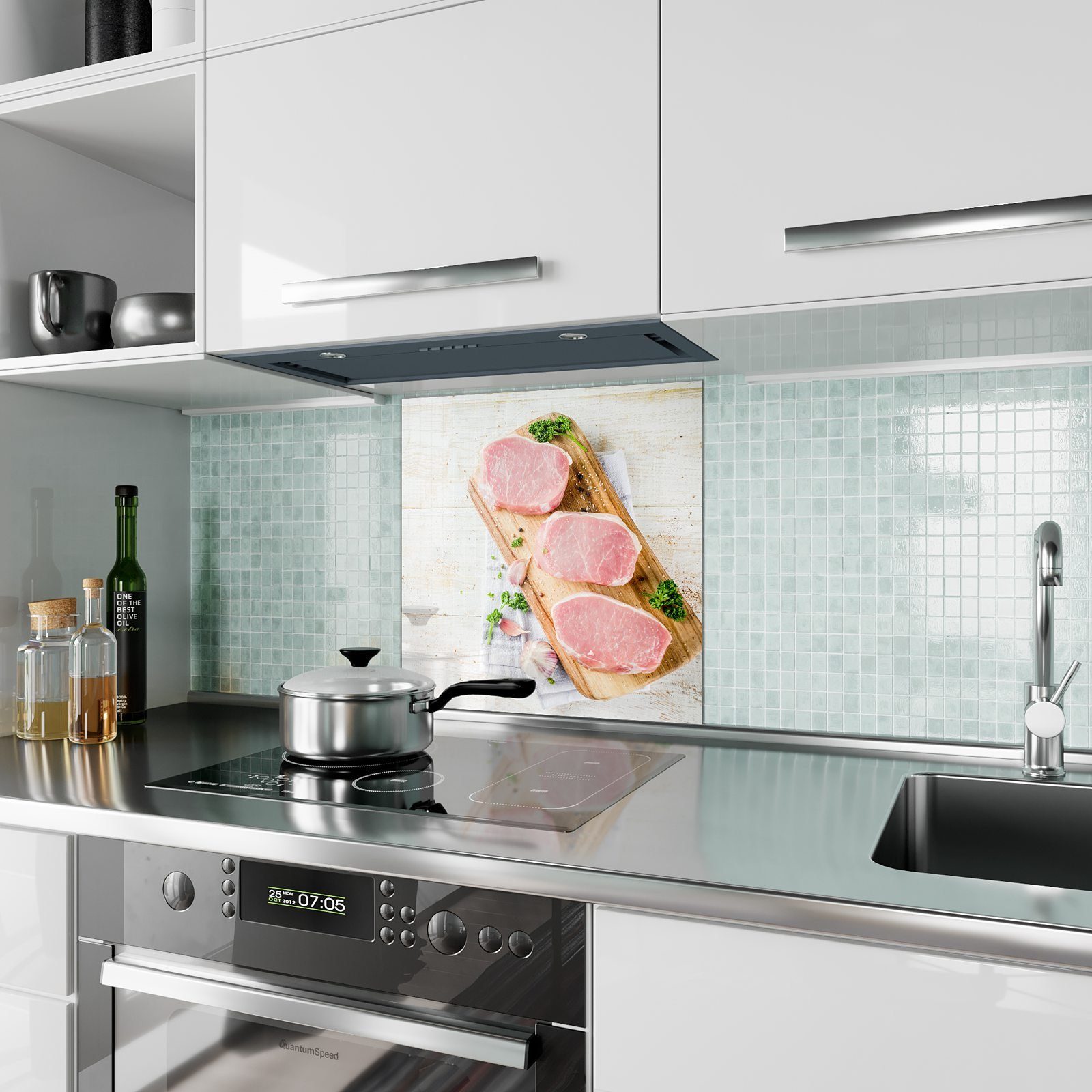 Primedeco auf mit Küchenrückwand Holz Schweinefleisch Spritzschutz Motiv Glas Küchenrückwand