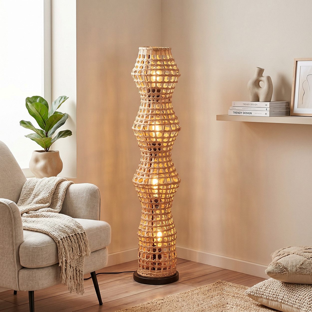 hofstein Stehlampe Stehlampe im skandinavischen Design mit Schirm aus Rattan in Natur, ohne Leuchtmittel, Stehleuchte im Boho-Style mit Lichteffekt und Fußschalter, E27, 110 cm