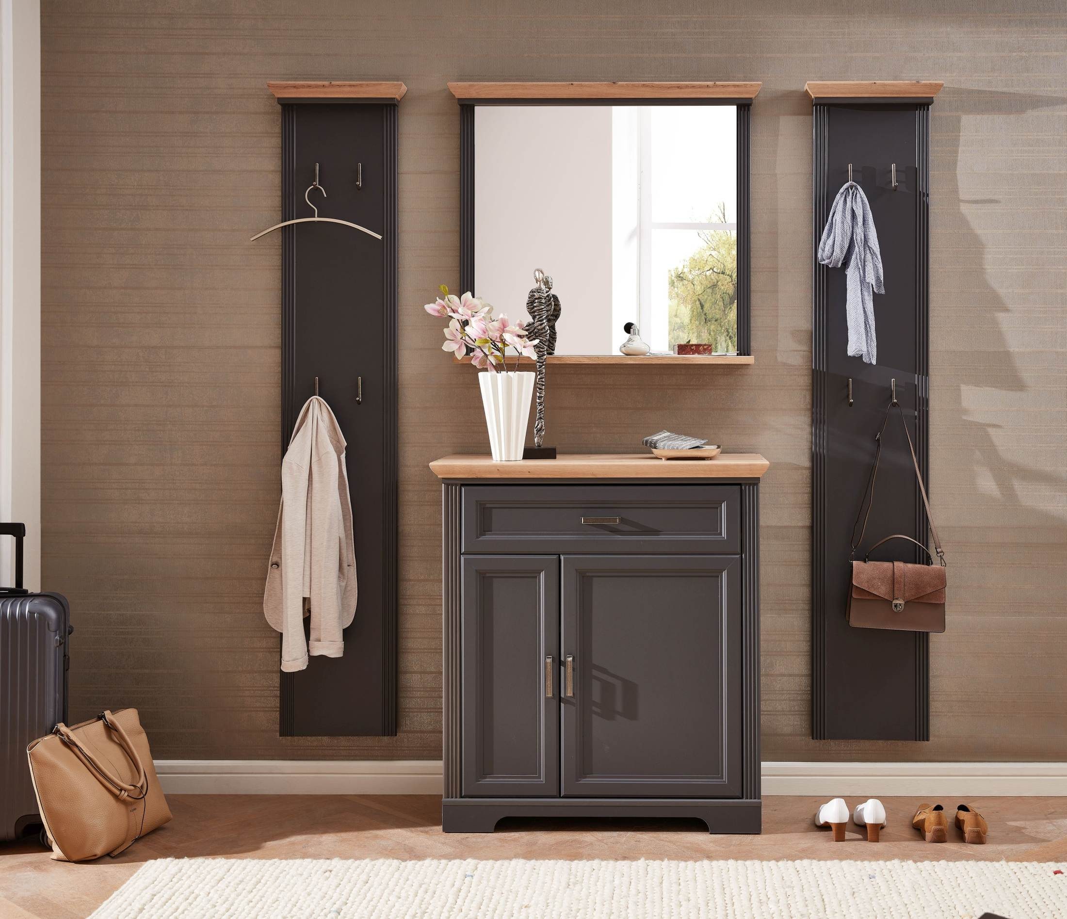 Innostyle Garderoben-Set Garderobenset JASMIN GH81 Farbton Graphit 4-teilig, (Komplett-Set, 4-St., 2 x Garderobenpaneel, 1 x Schuhschrank, 1 x Spiegel)