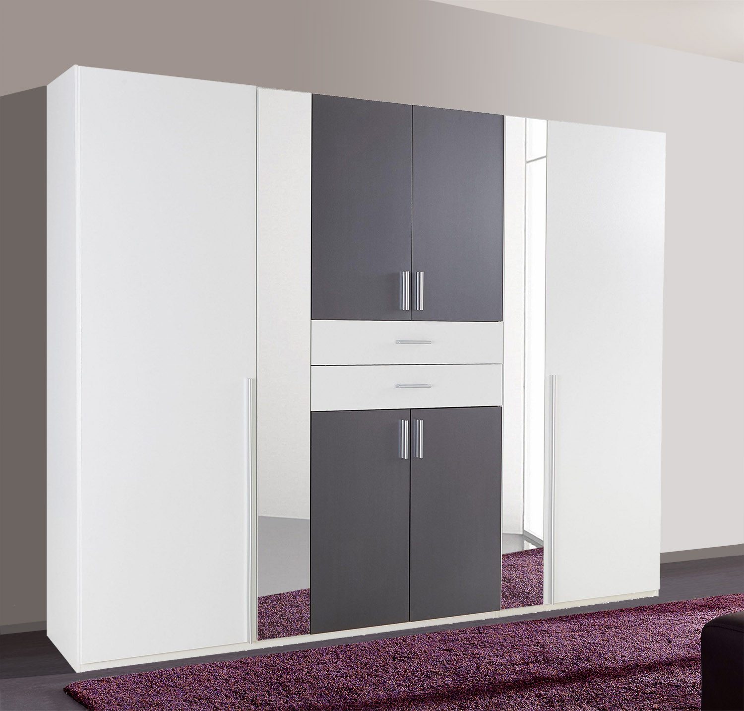 Wimex Kleiderschrank Vanea (mit Türen, Schubladen, Einlegeböden, Kleiderstangen, 1-St., moderne Optik, mit Spiegel, Kunststoffgriffe) 270x58x208cm weiß graphit