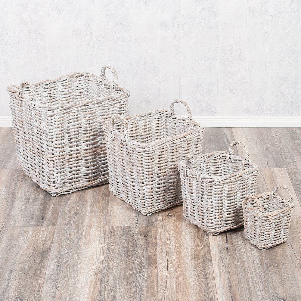 LebensWohnArt Dekokorb Landhaus Rattankorb BAKUL eckig White 30x30cm mit Griffen
