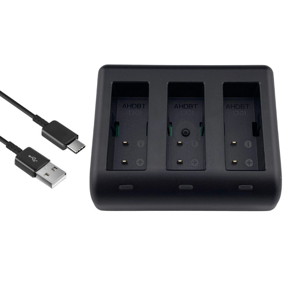 Trade-Shop 3-fach Ladestation passend für GoPro HERO13 Black, AHDBT-1301 Kamera-Ladegerät (mit Micro-USB und USB-C Anschluss)