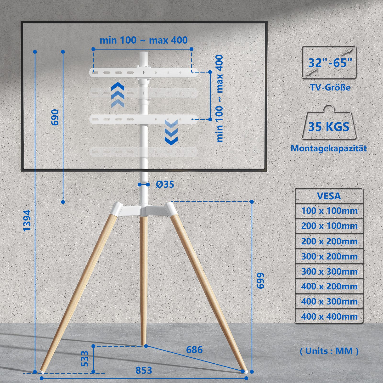 Rfiver TV-Ständer Tripod Stativ Ständer, passend für 32-65 Zoll Flach & Curved Fernseher, (bis 65 Zoll, 1-tlg., 90° drehbar & höhenverstellbar, Tragfähigkeit 35 kg)
