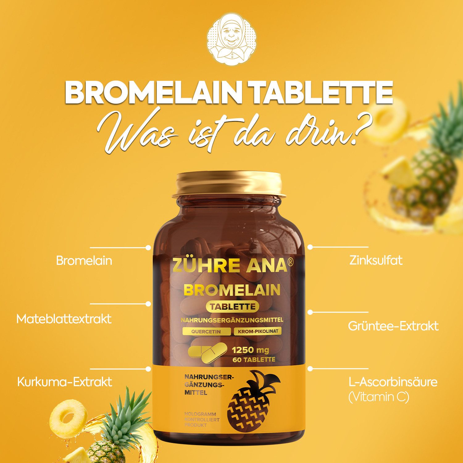 Zühre Ana® Bromelain Kapseln-1250 mg 60 Kapseln – gewonnen aus Ananasextrakt Kapseln, 60 St., 60 g, Natürlichem Ananasextrakt,Vitamin C, D3, B12