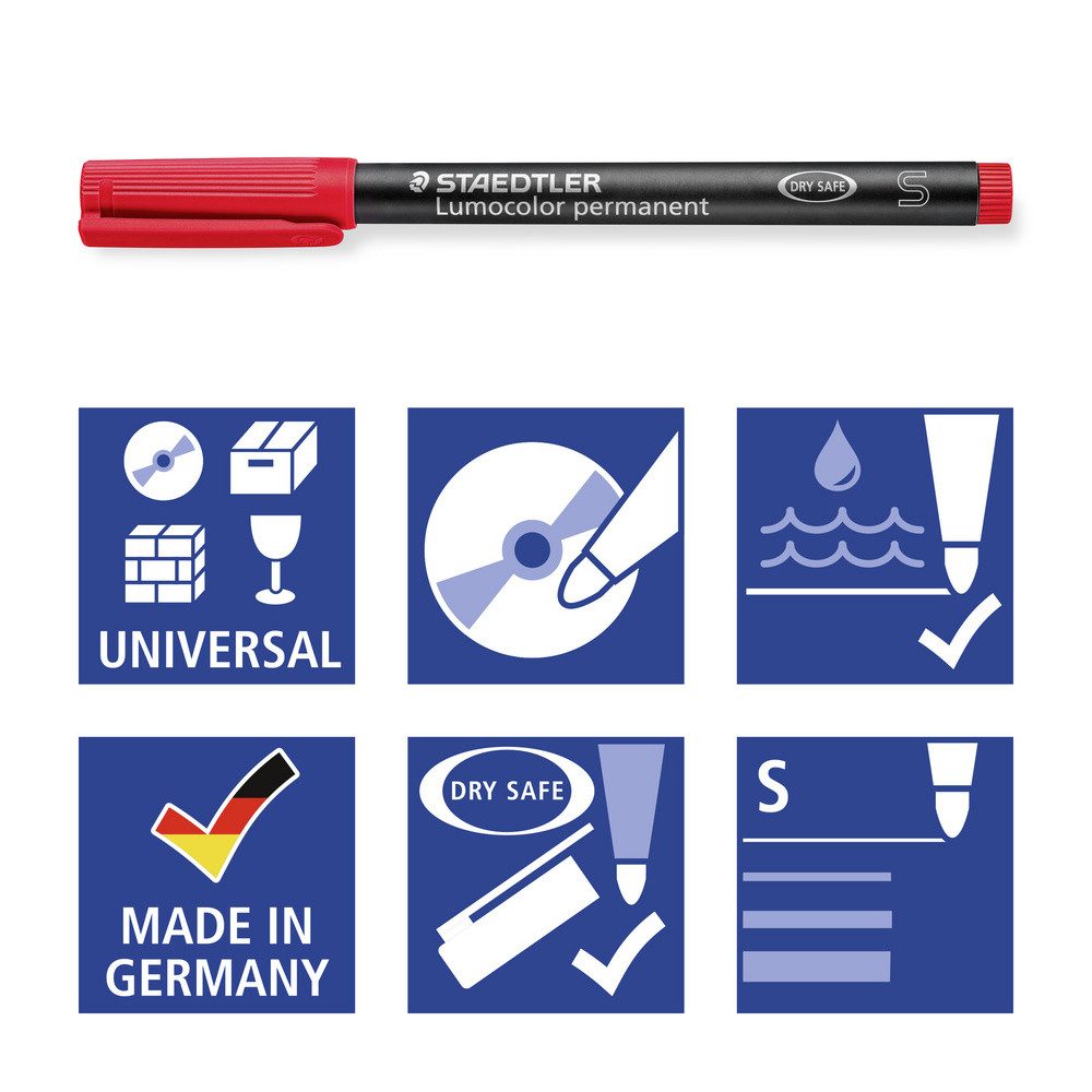 STAEDTLER Permanentmarker Staedtler Lumocolor permanent S DRY SAFE 313 WP4 Permanentmarker Rot
