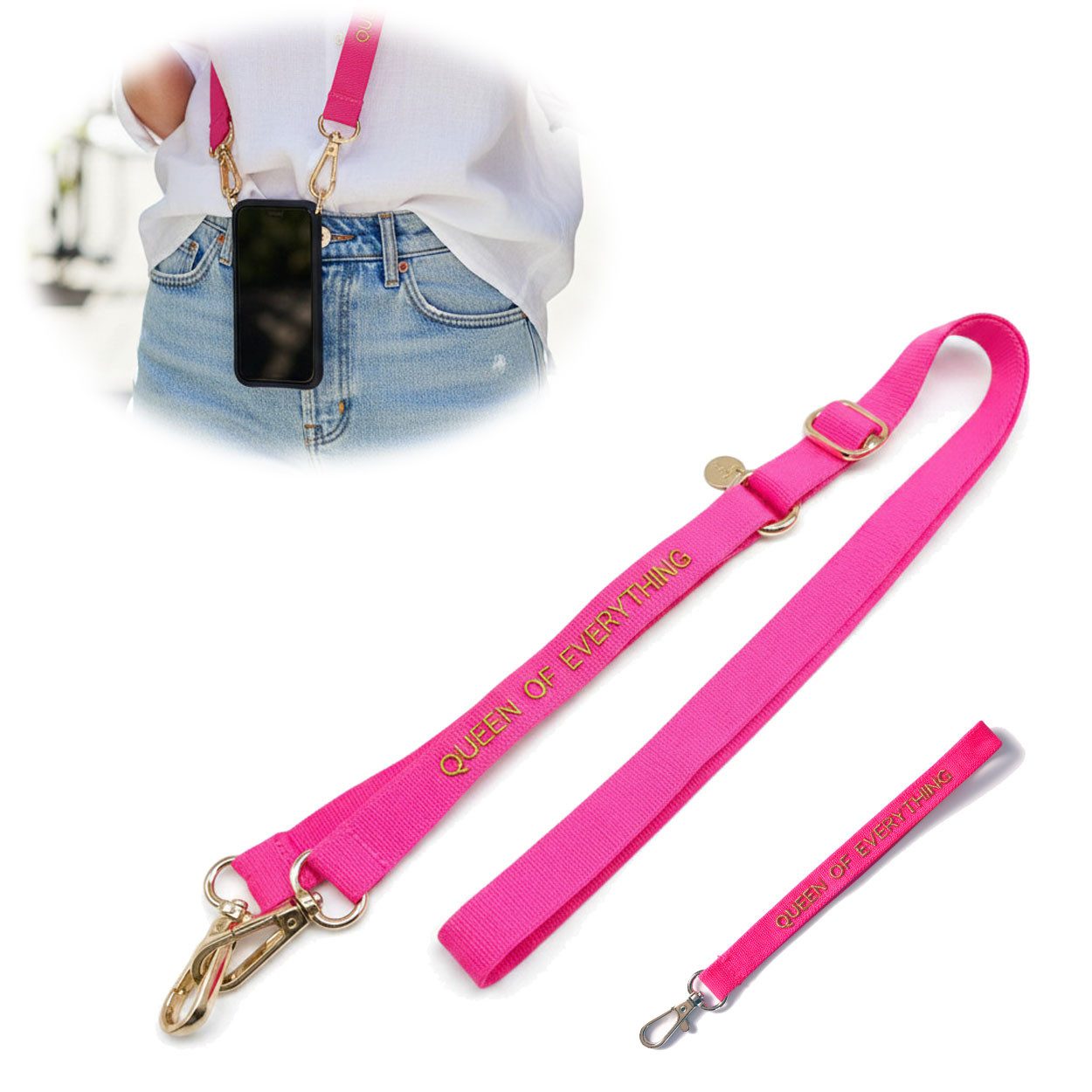 LS-LebenStil Handykette Crossbody Handyband mit Spruch Queen of Every Pink Gold 2 Karabiner Lanyard mit Universal Pad, ideal aus als Schlüsselanhänger Schlüsselband, Universal für jedes Smartphone zum Umhängen oder am Handgelenk