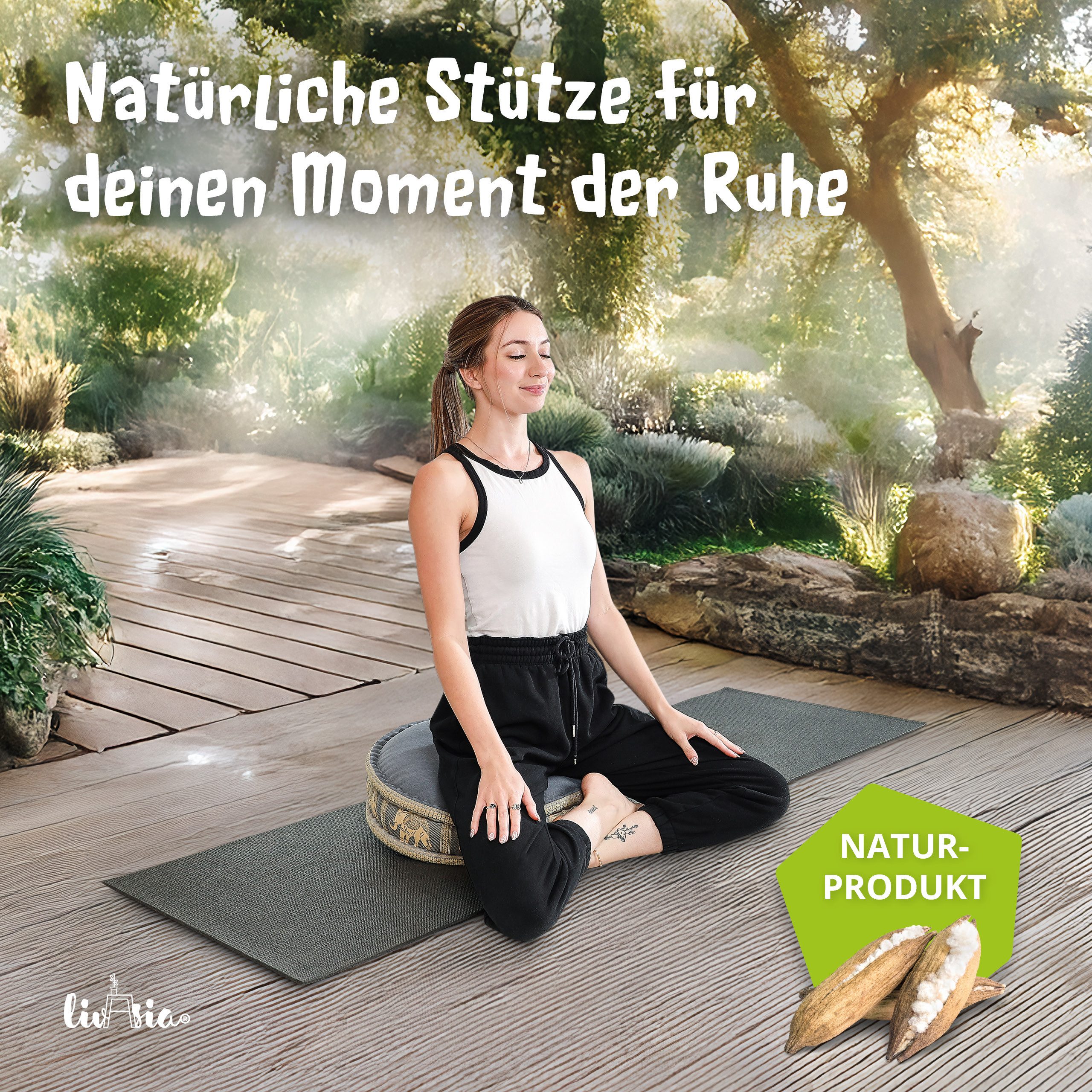 livasia Meditationskissen Zafukissen groß (Deluxe) - 45x15cm, Kapok, vegan, handgefertigt
