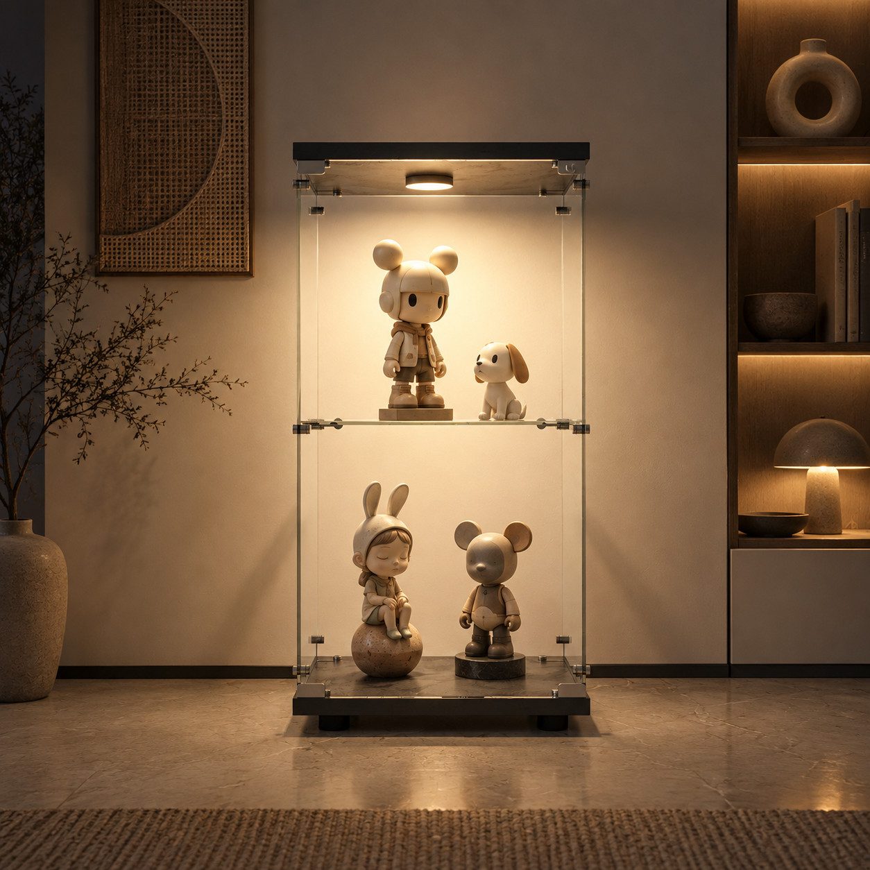 Simurq Glasvitrine mit LED Beleuchtung Standvitrine mit Glastür,Eckvitrine Glas (1-2 Packungen, Vitrinenschrank mit 1 türen,Schloss) Glas vitrine aus Gehärtetes Glas,Sammlervitrine Stehend