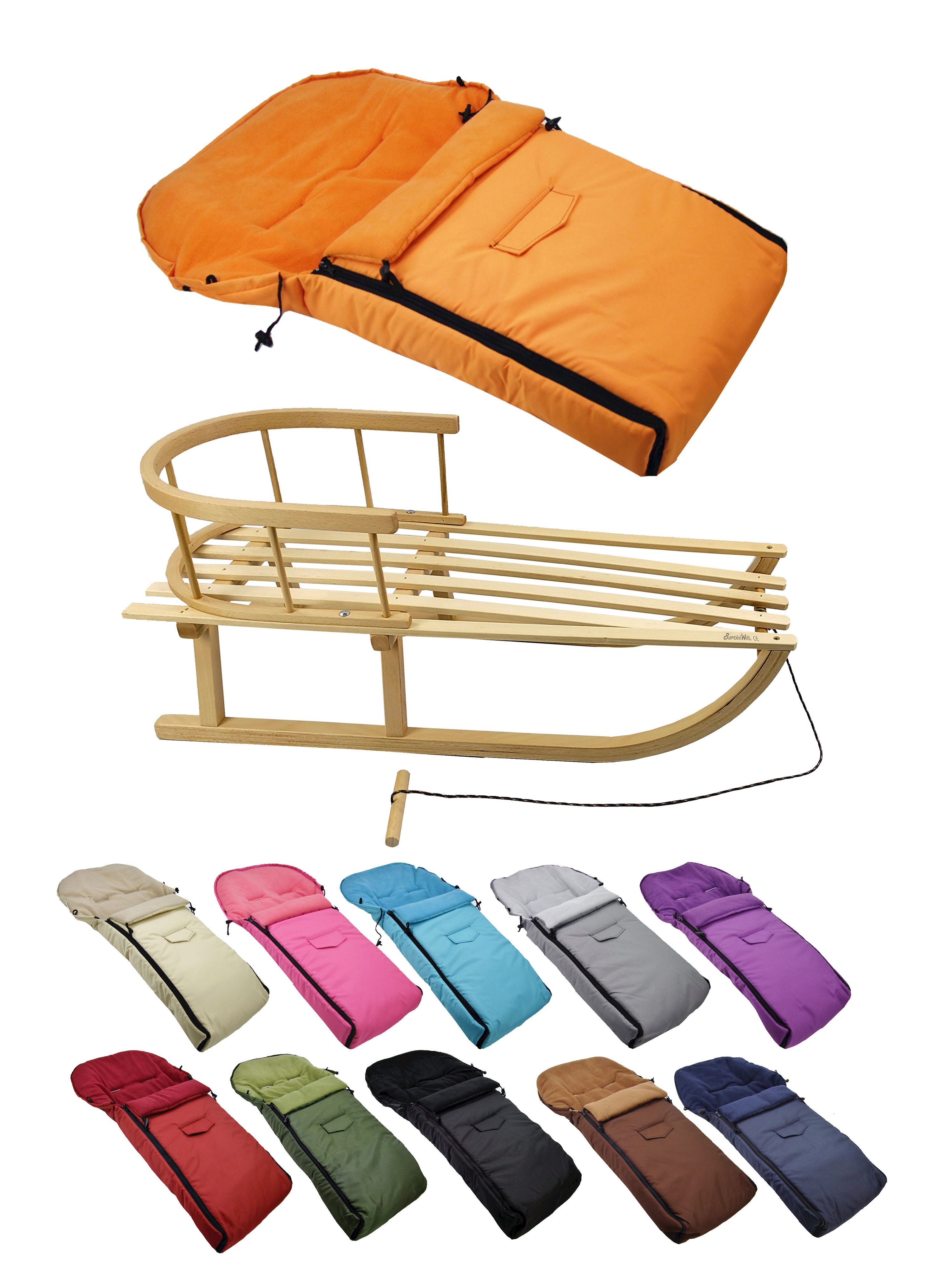 BambiniWelt by Rafael K. Davoser Санки CE-HOLZSCHLITTEN mit Rückenlehne Zugleine + WINTERFUßSACK Fleece 90cm