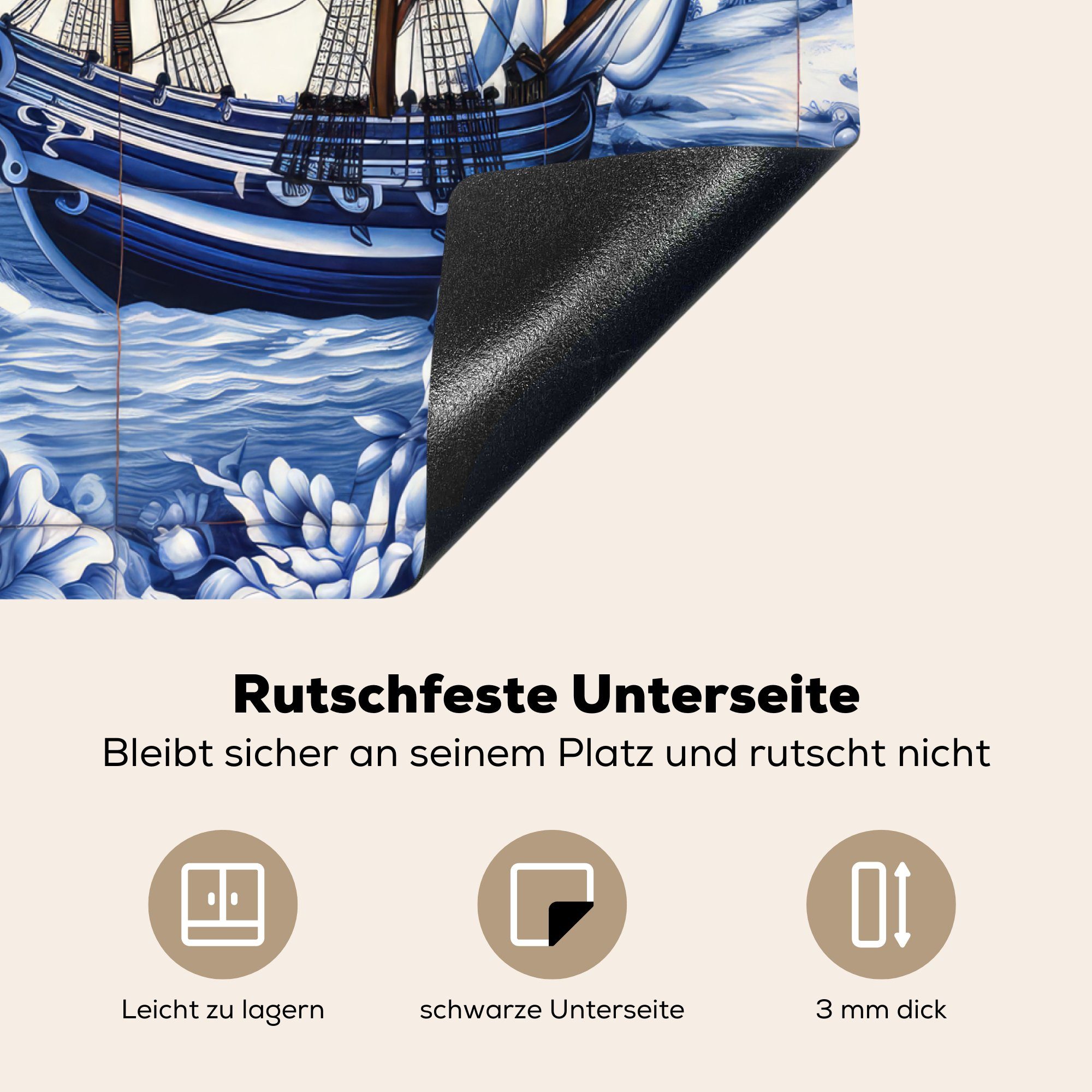 MuchoWow Herdblende-/Abdeckplatte Ceranfeldabdeckung Arbeitsfläche Blumen Delfter - Meer - 60x52 (1 Boot Blau - Mobile nutzbar, Vinyl, tlg), cm, - Niederländisch