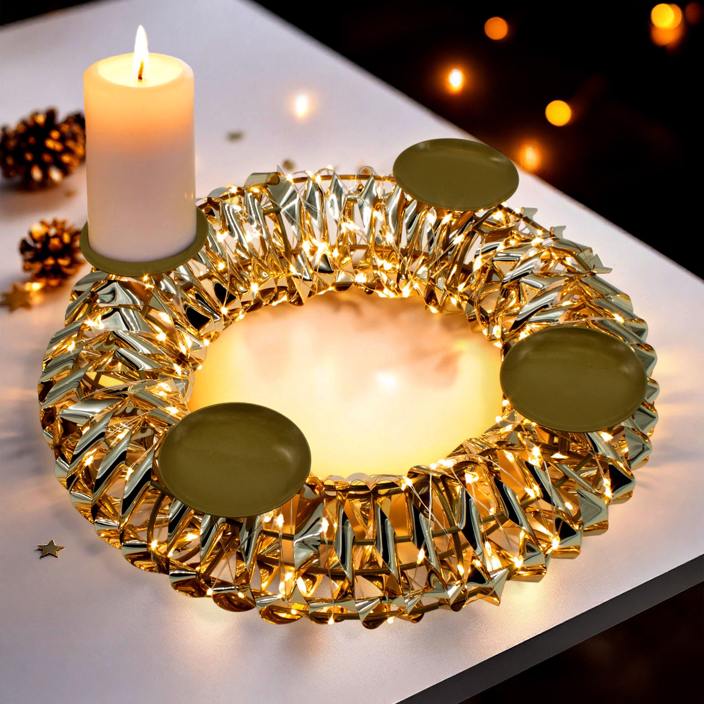Spetebo Adventskranz gold 250 LED mit Timer und Fernbedienung - 32 cm -mit 4 Kerzenhaltern, mit 8 Funktionen